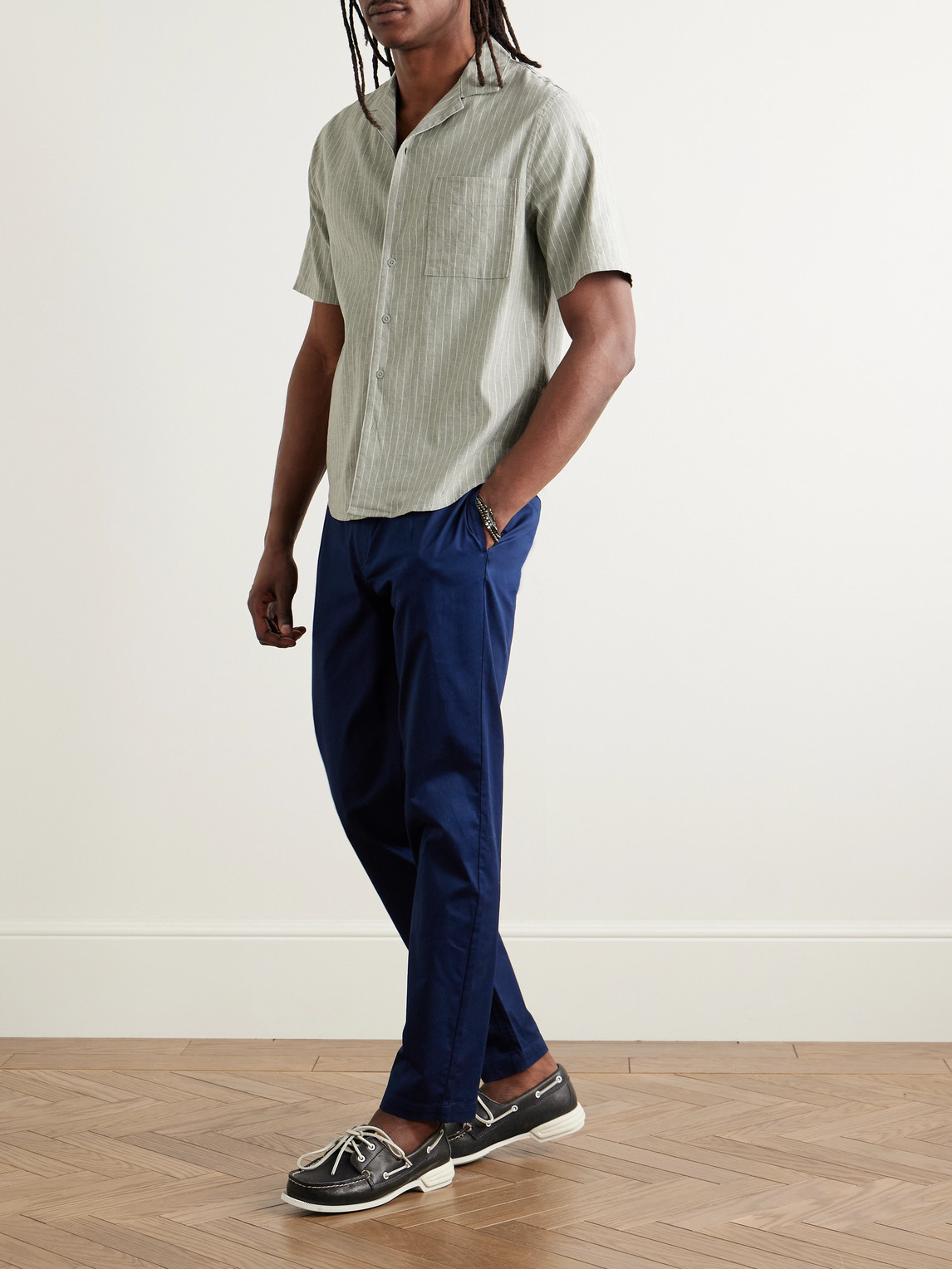 Onia Vacation Camp-collar Striped Linen-blend Shirt