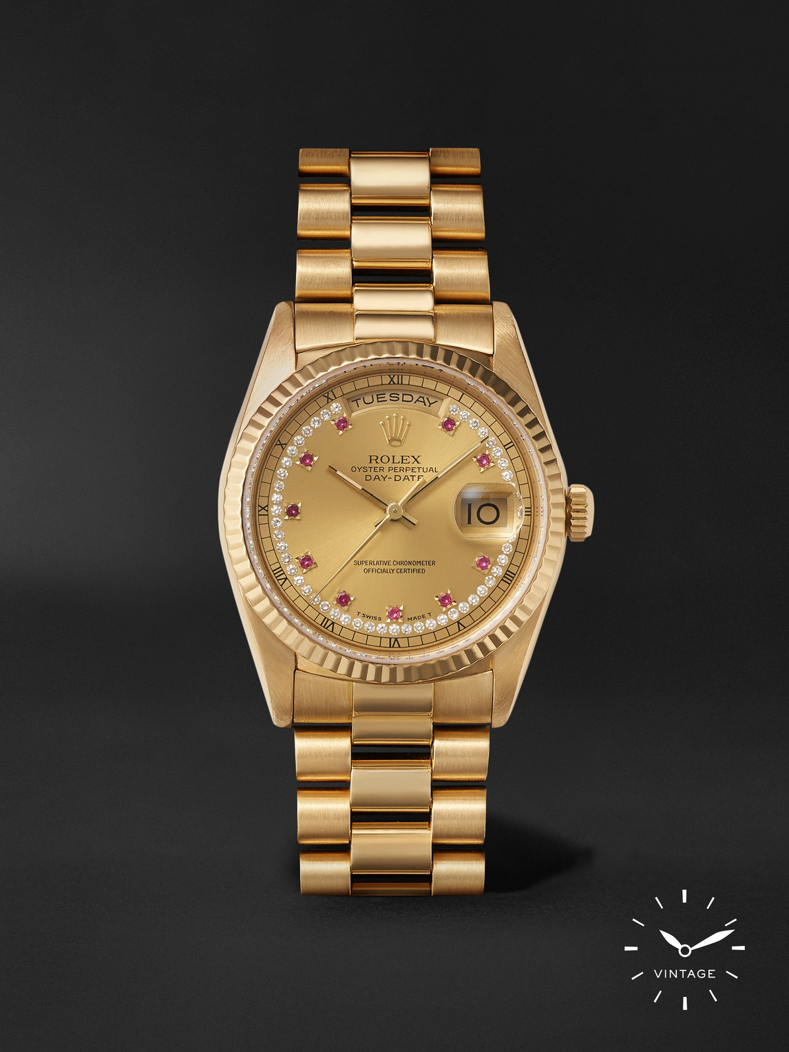 Windsor Pre-Owned 1990 Rolex Oyster Perpetual Day-Date Automatic 36mm 18-Karat Gold, Diamond and Ruby Watch, Ref. No. 18238 - Men