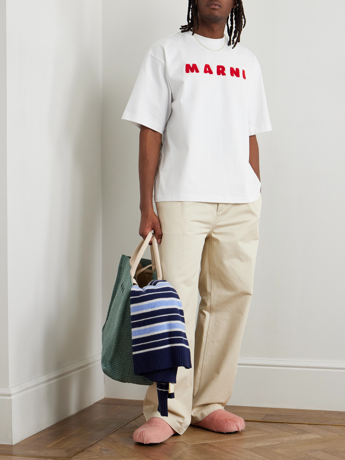 Shop Marni Logo-appliquéd Mohair-trimmed Cotton-jersey T-shirt In White
