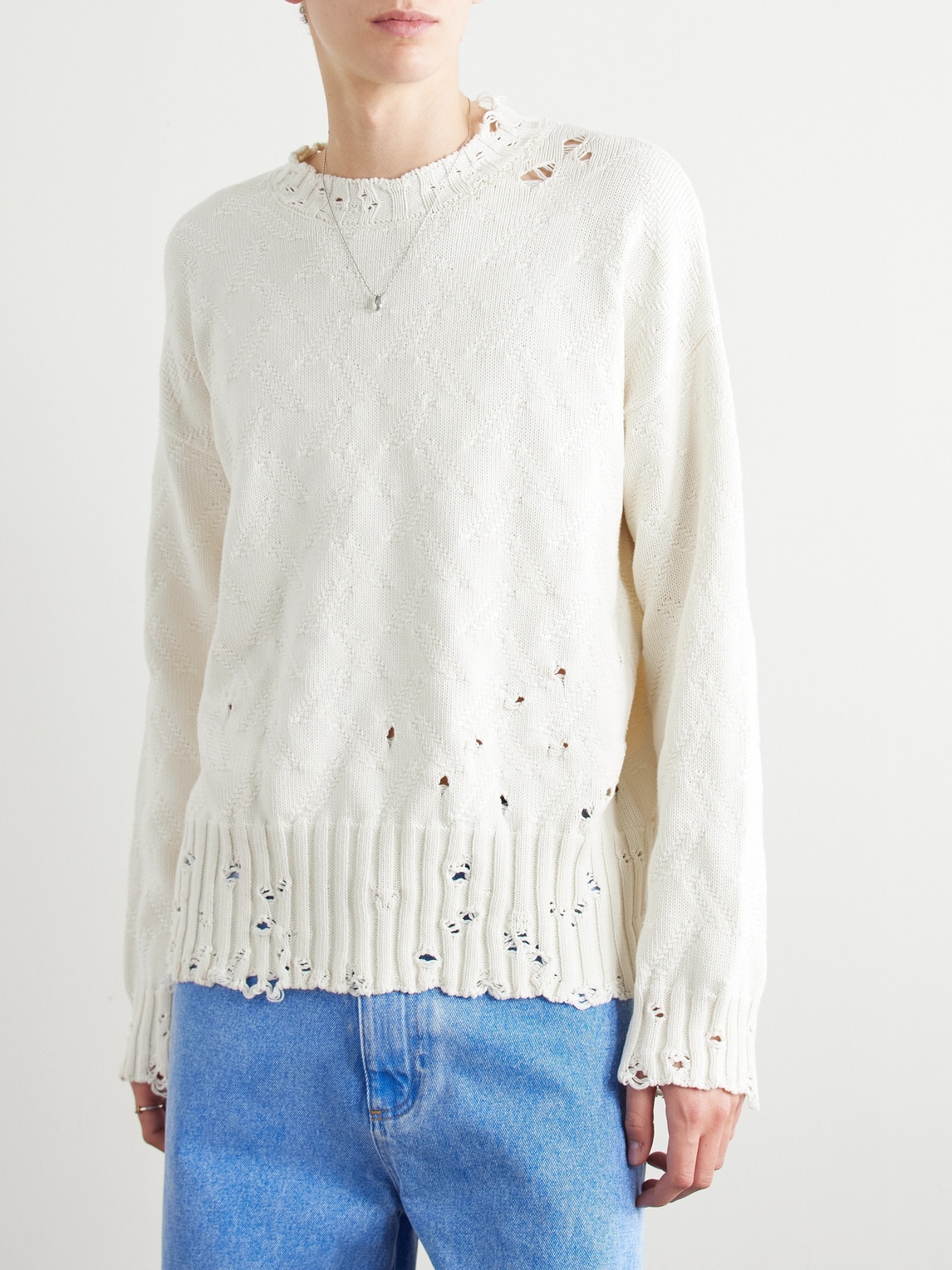 Shop Marni Confetti Distressed Jacquard-knit Cotton Sweater In Neutrals