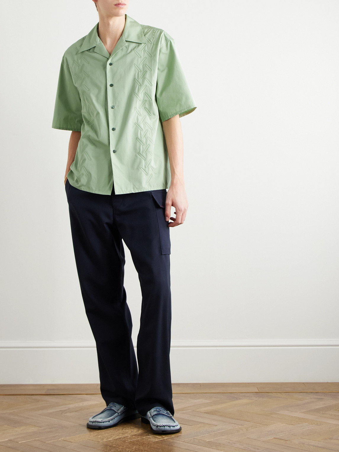 Shop Marni Confetti Convertible-collar Embroidered Cotton-poplin Shirt In Green