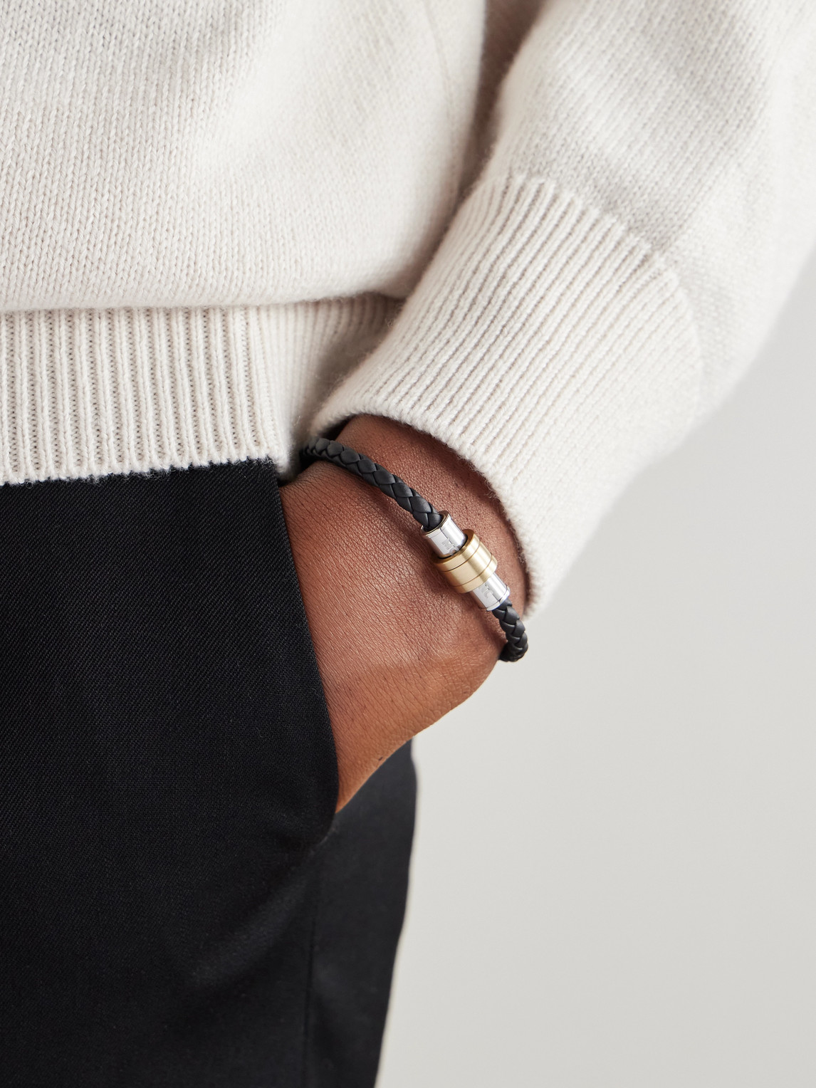 Montblanc Silver And Gold-tone Woven Leather Bracelet In Gray