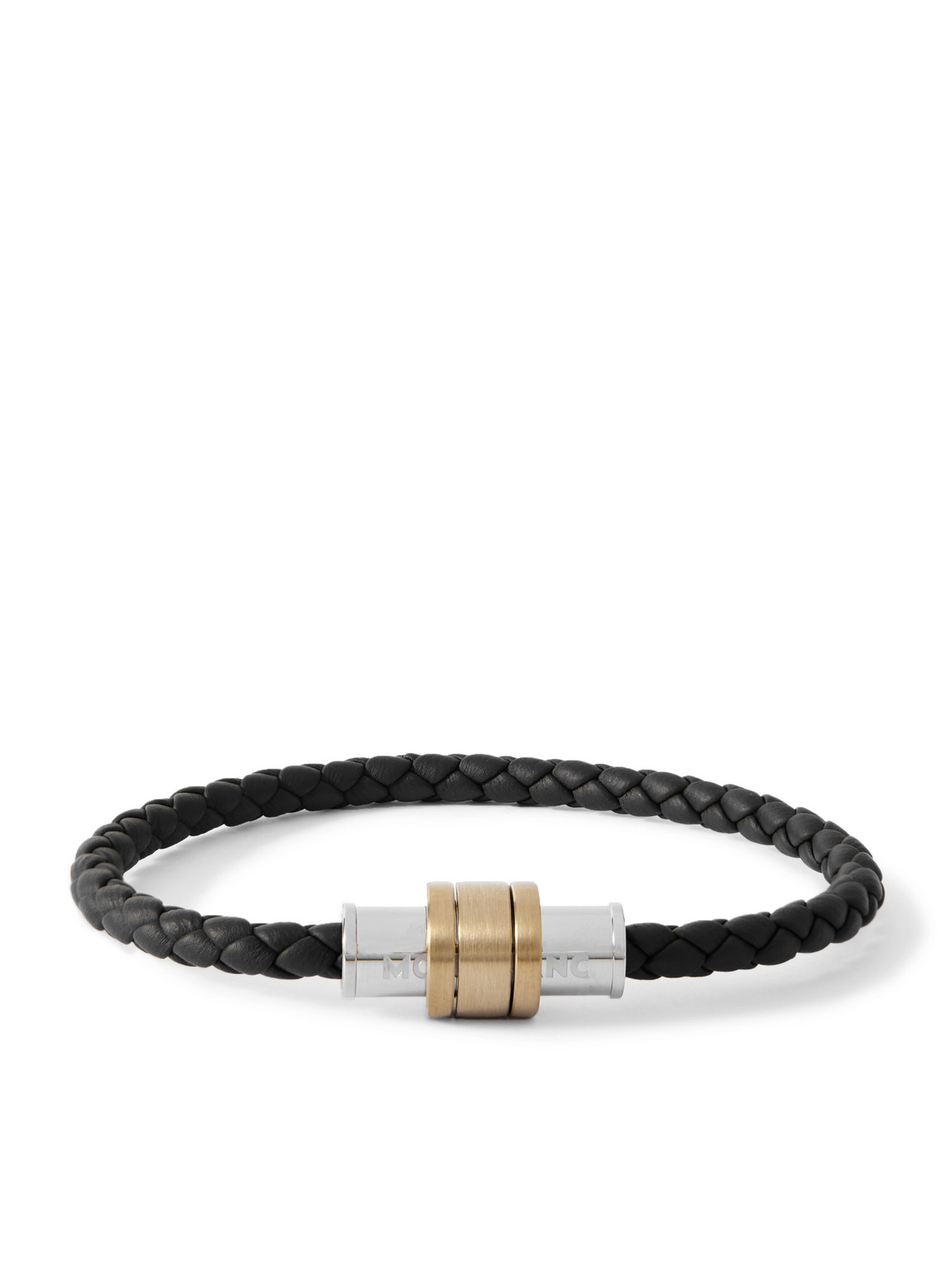 Montblanc Silver And Gold-tone Woven Leather Bracelet In Grey