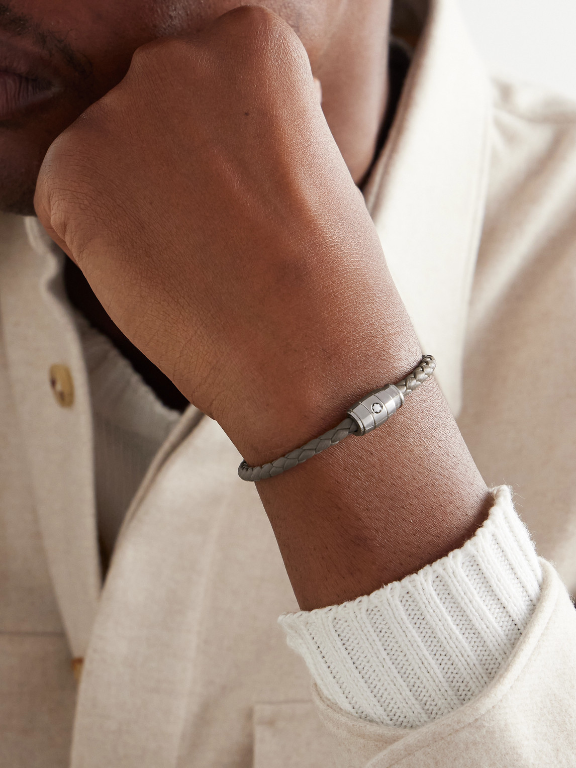 Montblanc Meisterstück 3-ring Stainless Steel And Woven Leather Bracelet In Neutrals