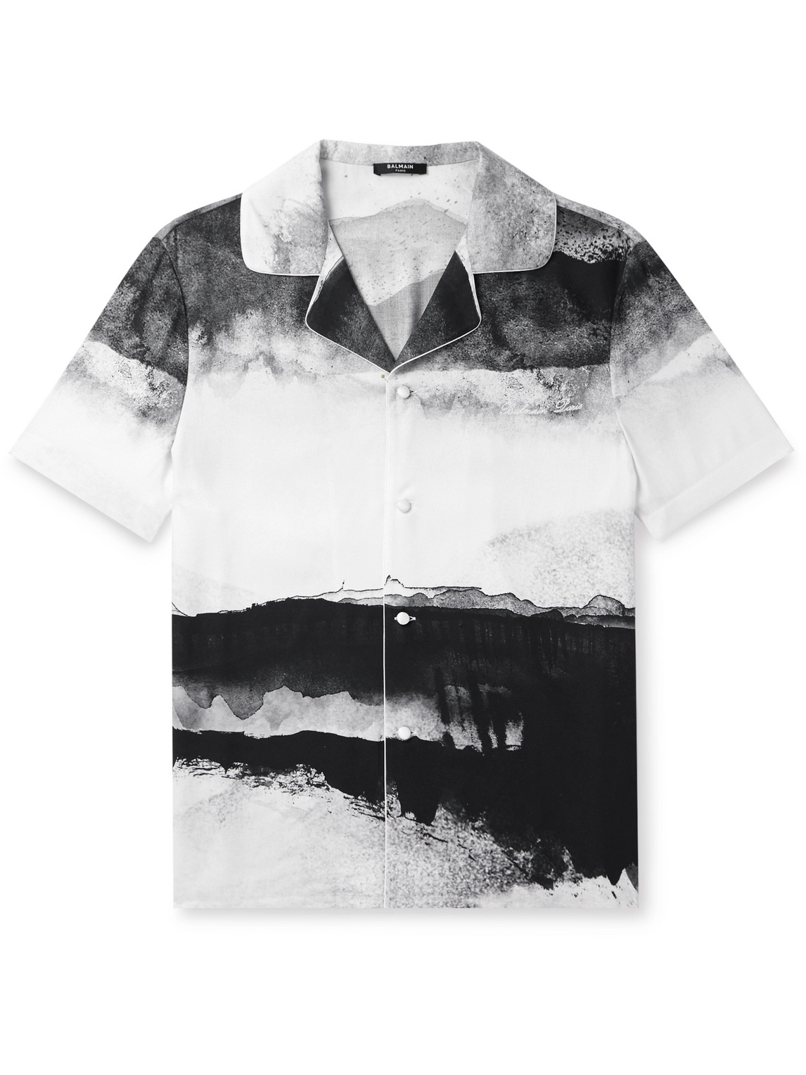 Balmain Moon Camp-collar Logo-embroidered Printed Twill Shirt In Black