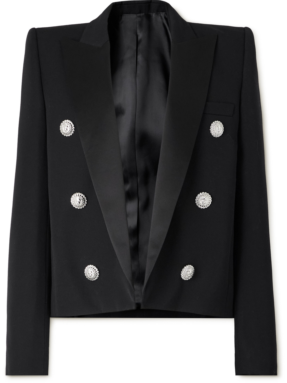 Shop Balmain Spencer Slim-fit Satin-trimmed Grain De Poudre Wool Blazer In Black