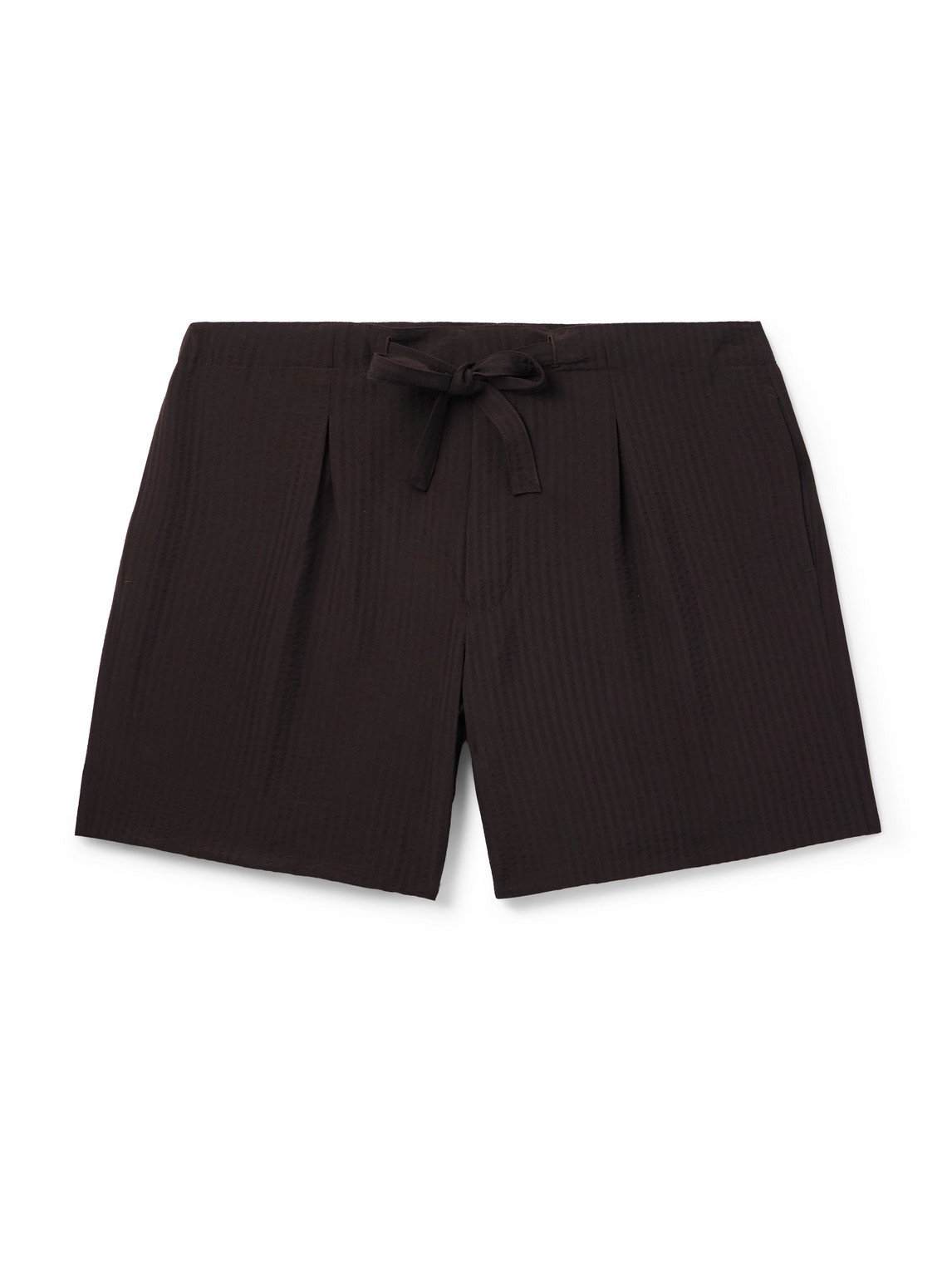 Straight-Leg Pleated Wool-Seersucker Shorts