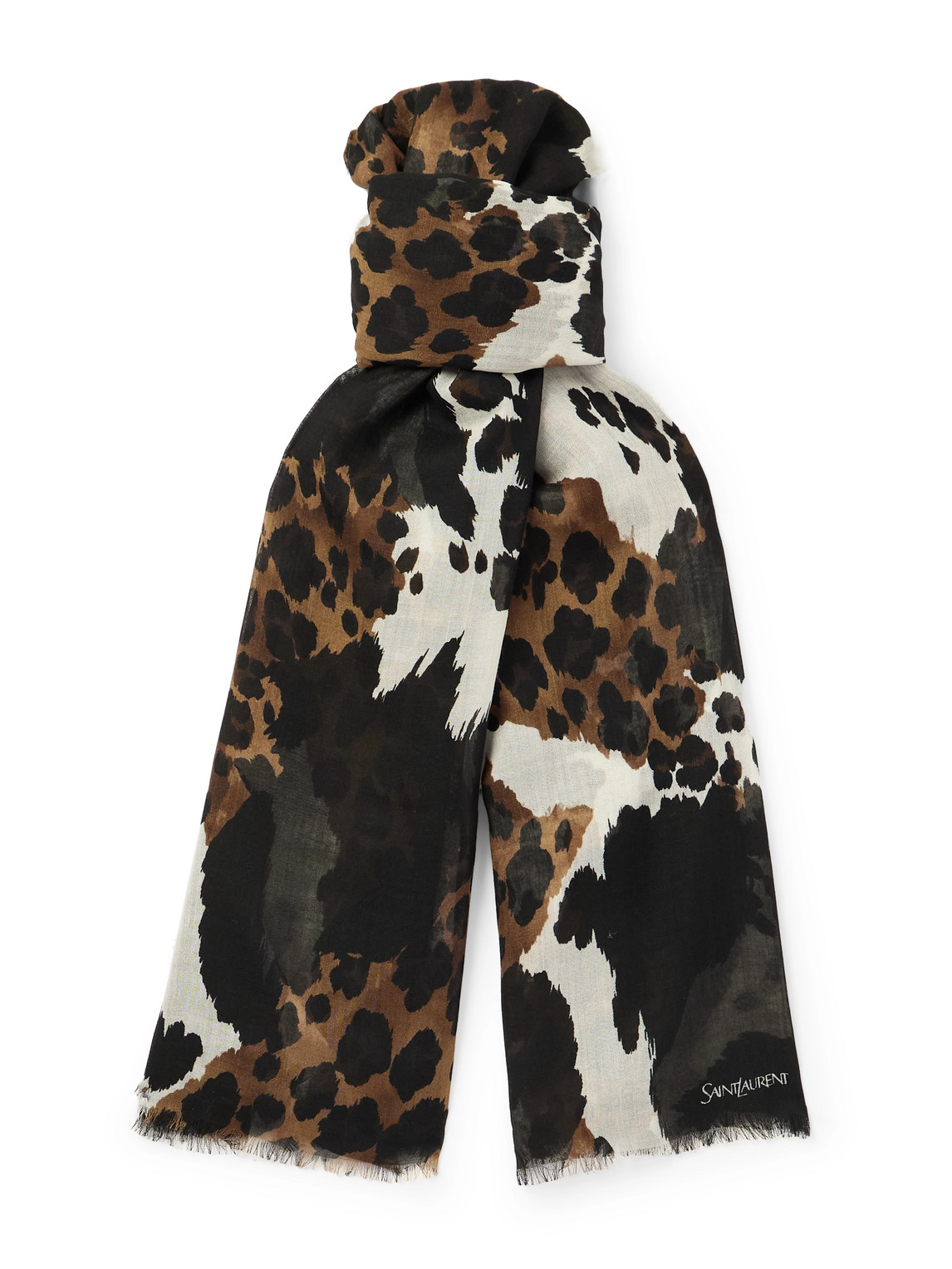 Saint Laurent Frayed Printed Wool Scarf In Brown