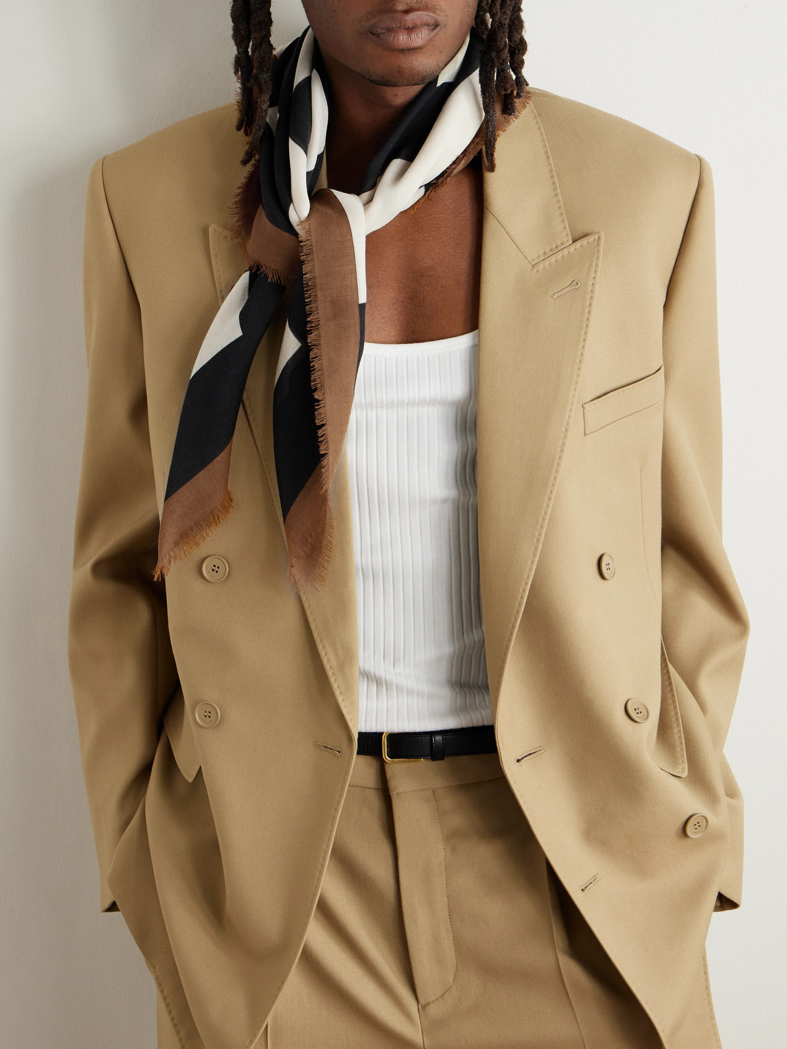 Saint Laurent Fringed Wool Scarf In Neutrals