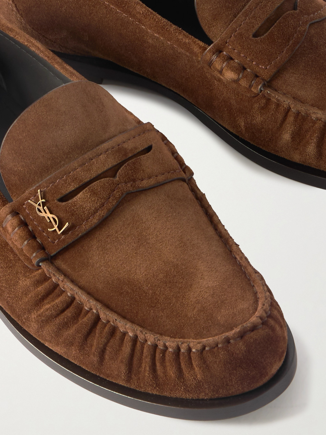Saint Laurent Suede Penny Strap Loafers Round Toe In Brown