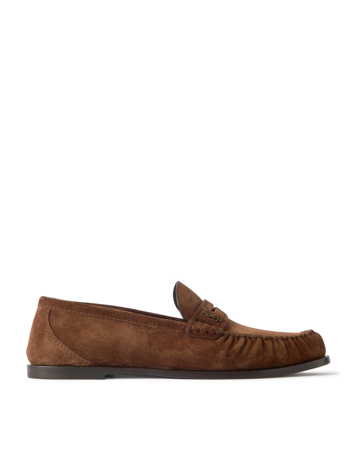 Saint Laurent Suede Penny Loafers In Brown