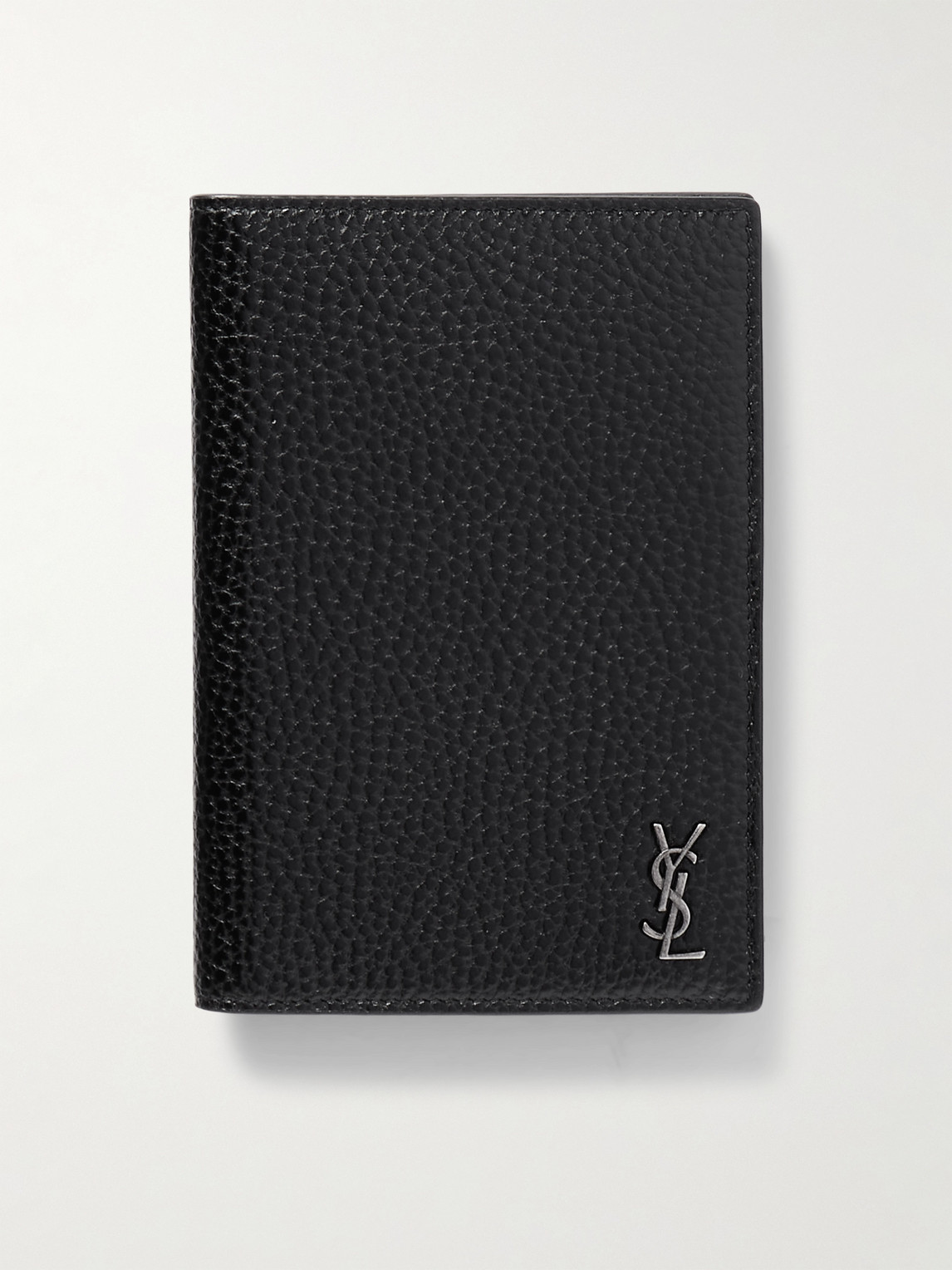 Saint Laurent Cassandre Logo-embellished Full-grain Leather Passport Holder In Black