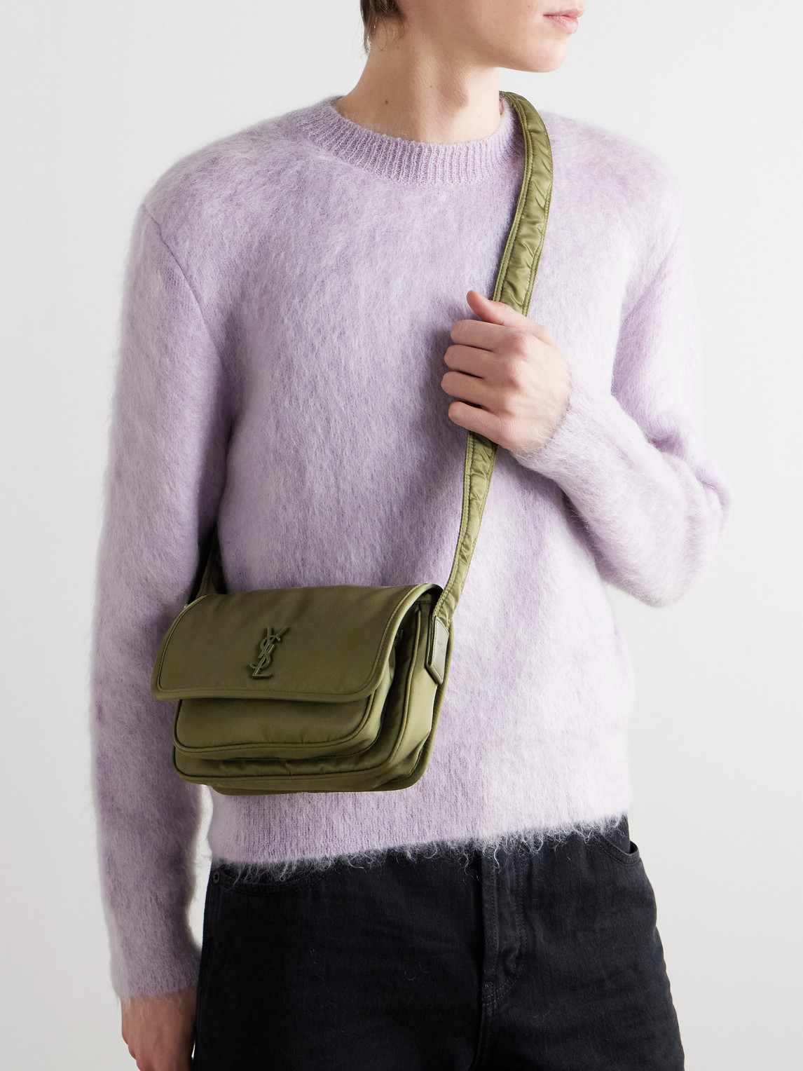 Saint Laurent Niki Small Logo-embellished Leather-trimmed Shell Messenger Bag In Green