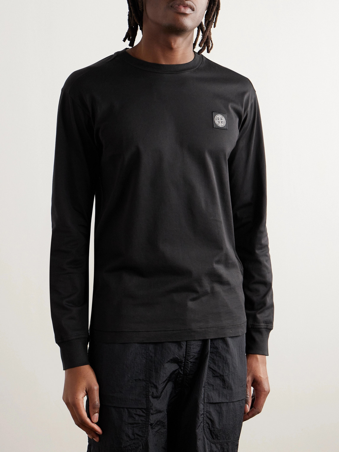 Stone Island Garment Dyed Logo Longsleeve T-shirt In Black
