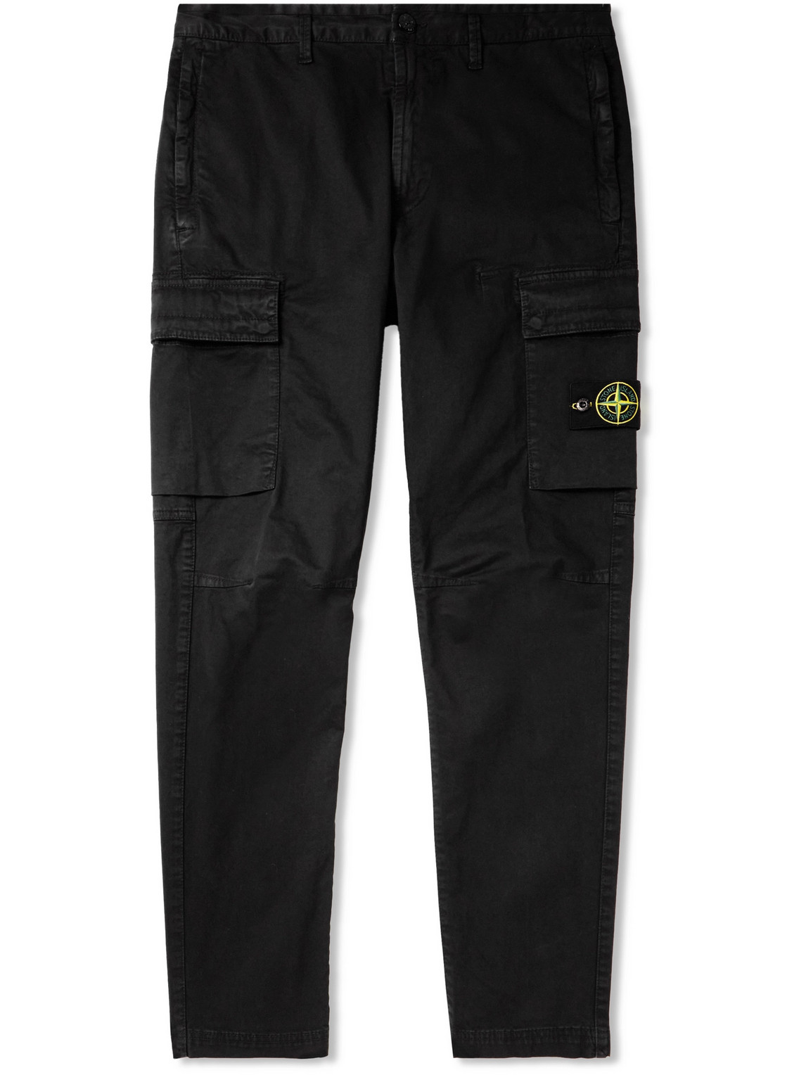 Stone Island Tapered Garment-dyed Cotton-blend Cargo Trousers In Black