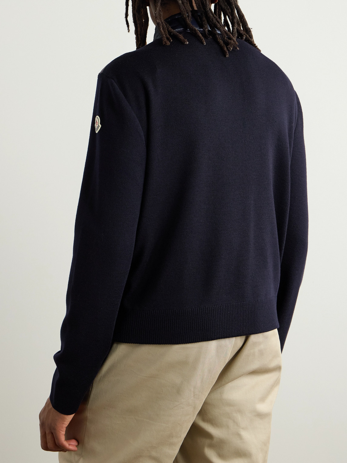 Moncler Slim-fit Logo-appliquéd Quilted Nylon-panelled Wool Down Cardigan In Blue