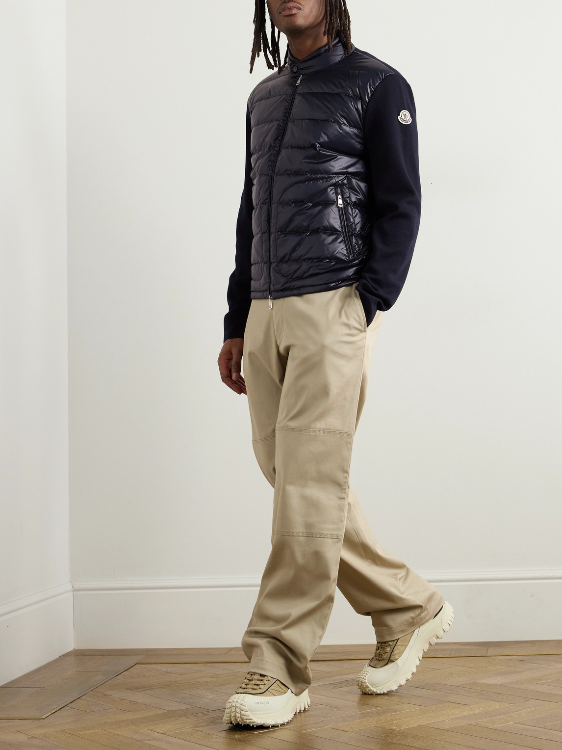 Moncler Slim-fit Logo-appliquéd Quilted Nylon-panelled Wool Down Cardigan In Blue