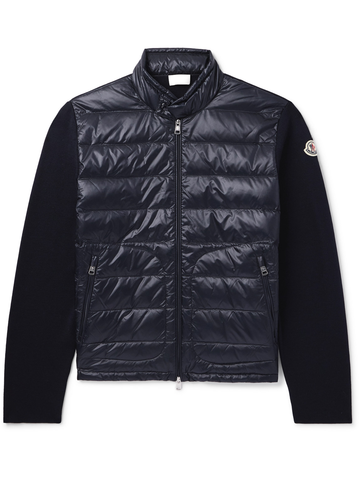 Moncler Slim-fit Logo-appliquéd Quilted Nylon-panelled Wool Down Cardigan In Blue
