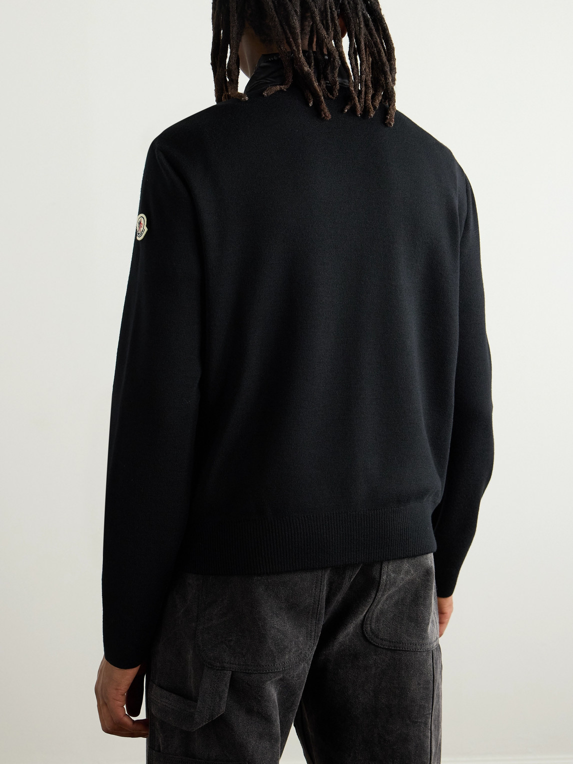 Moncler Slim-fit Logo-appliquéd Quilted Nylon-panelled Wool Down Cardigan In Black