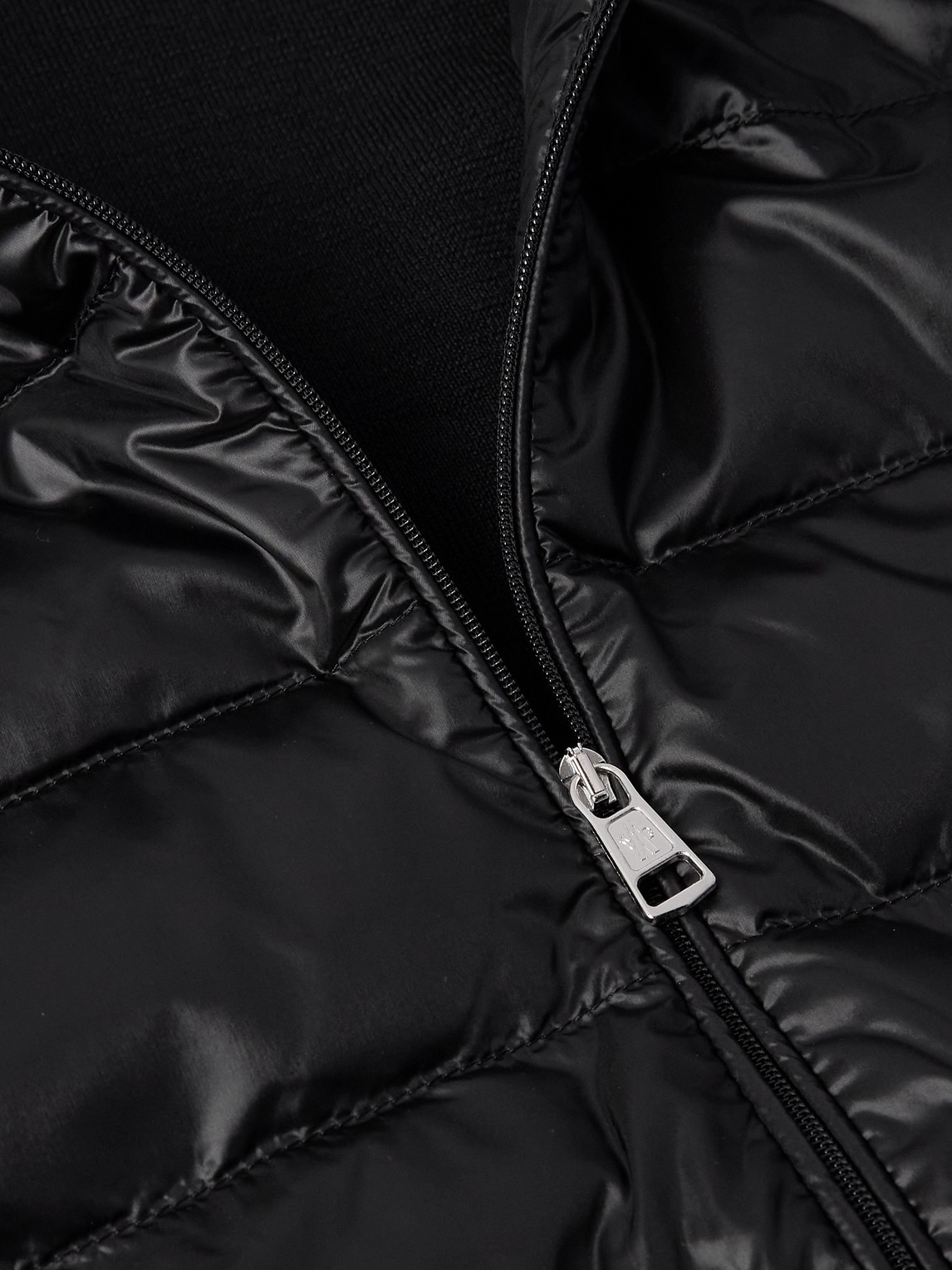 Moncler Slim-fit Logo-appliquéd Quilted Nylon-panelled Wool Down Cardigan In Black