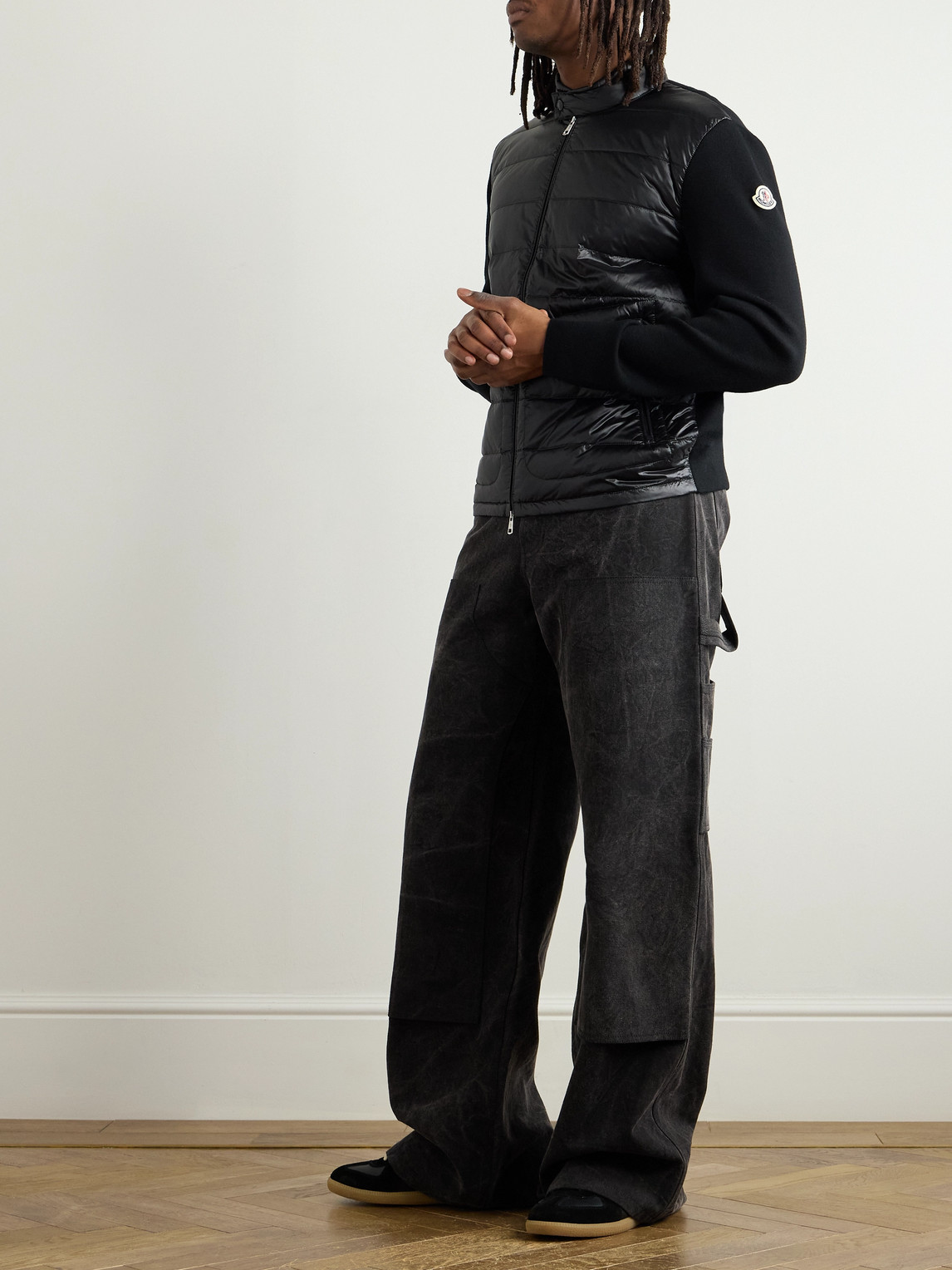 Moncler Slim-fit Logo-appliquéd Quilted Nylon-panelled Wool Down Cardigan In Black
