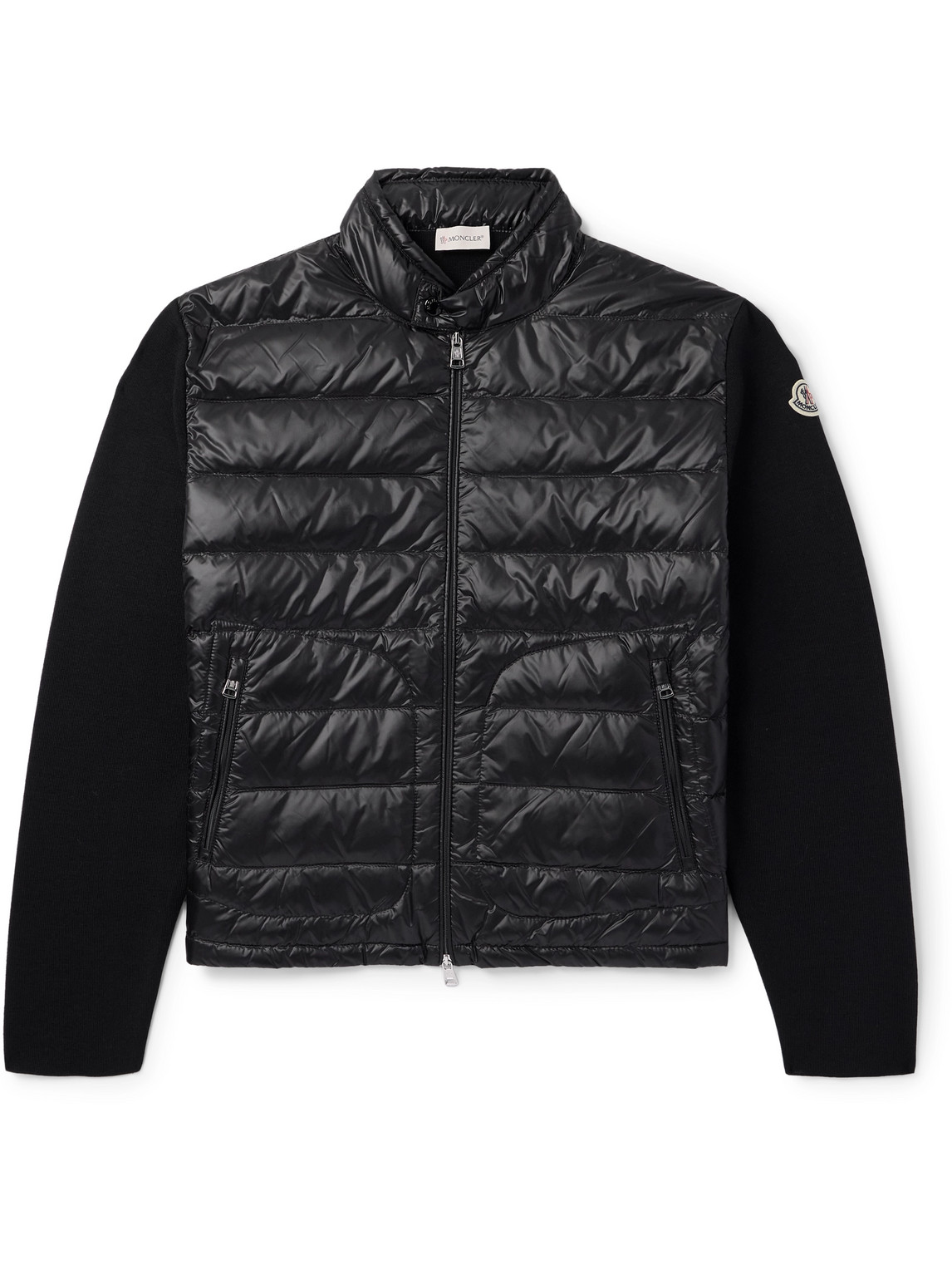 Moncler Slim-fit Logo-appliquéd Quilted Nylon-panelled Wool Down Cardigan In Black