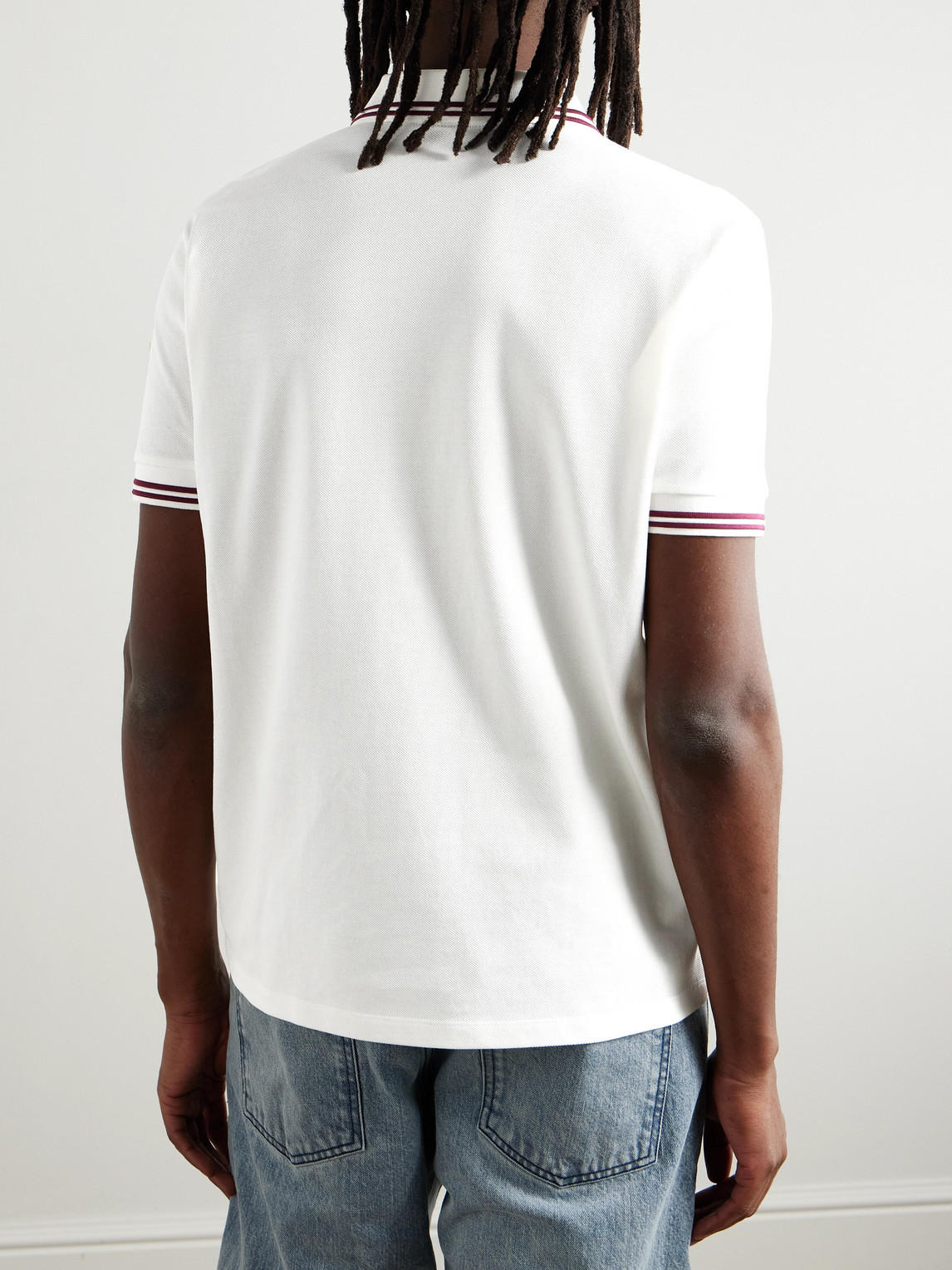 Moncler Striped Trim Cotton Polo Shirt In White