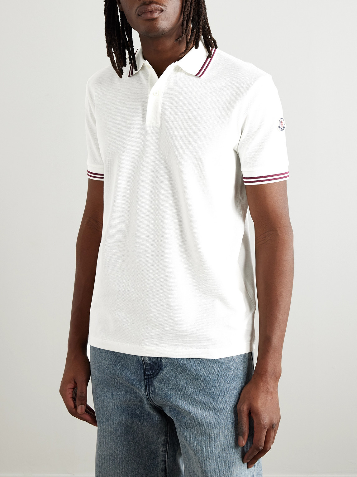 Moncler Striped Trim Cotton Polo Shirt In White