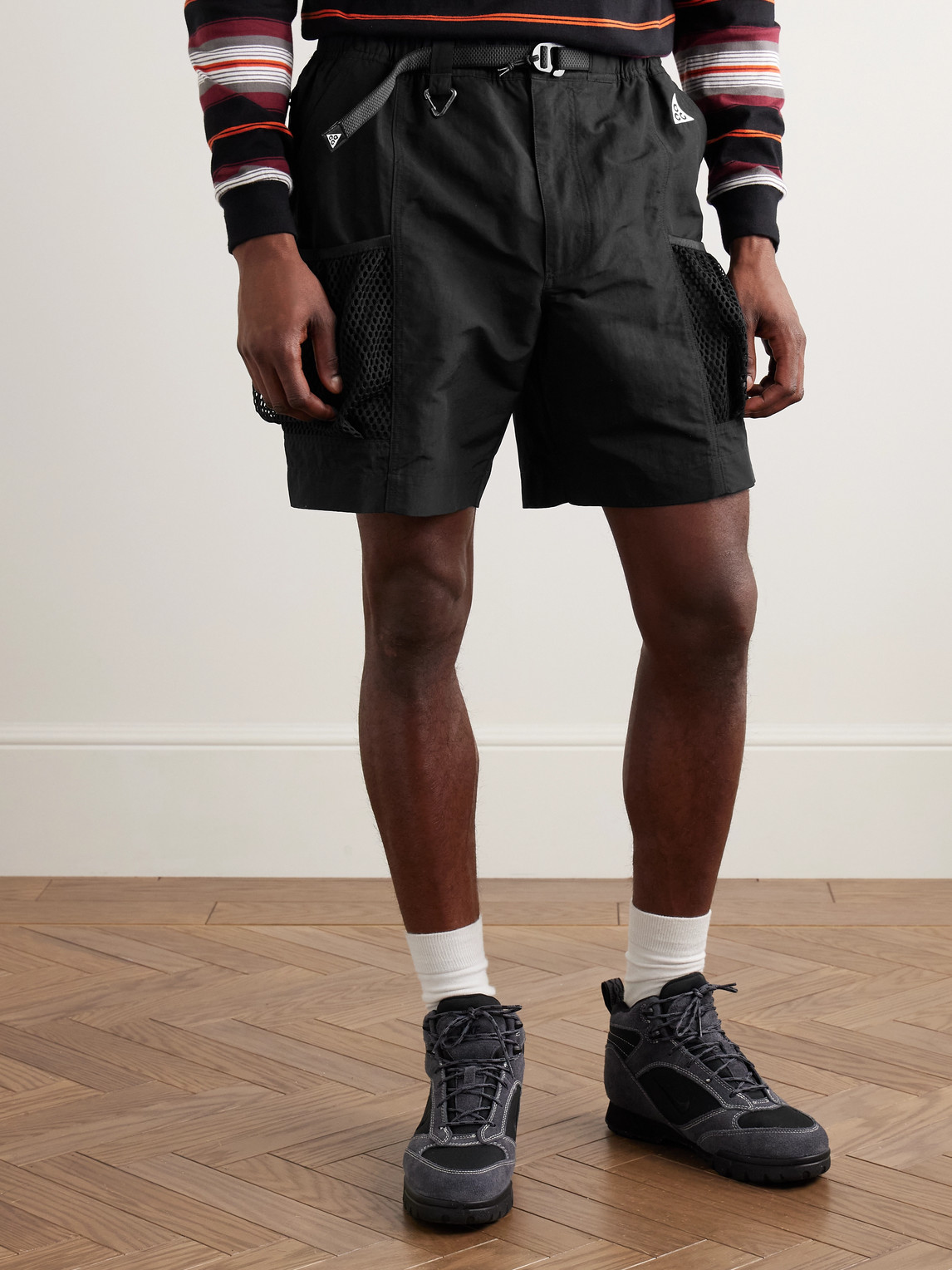 Nike Acg Snowgrass Straight-leg Mesh-trimmed Belted Nylon Shorts In Black