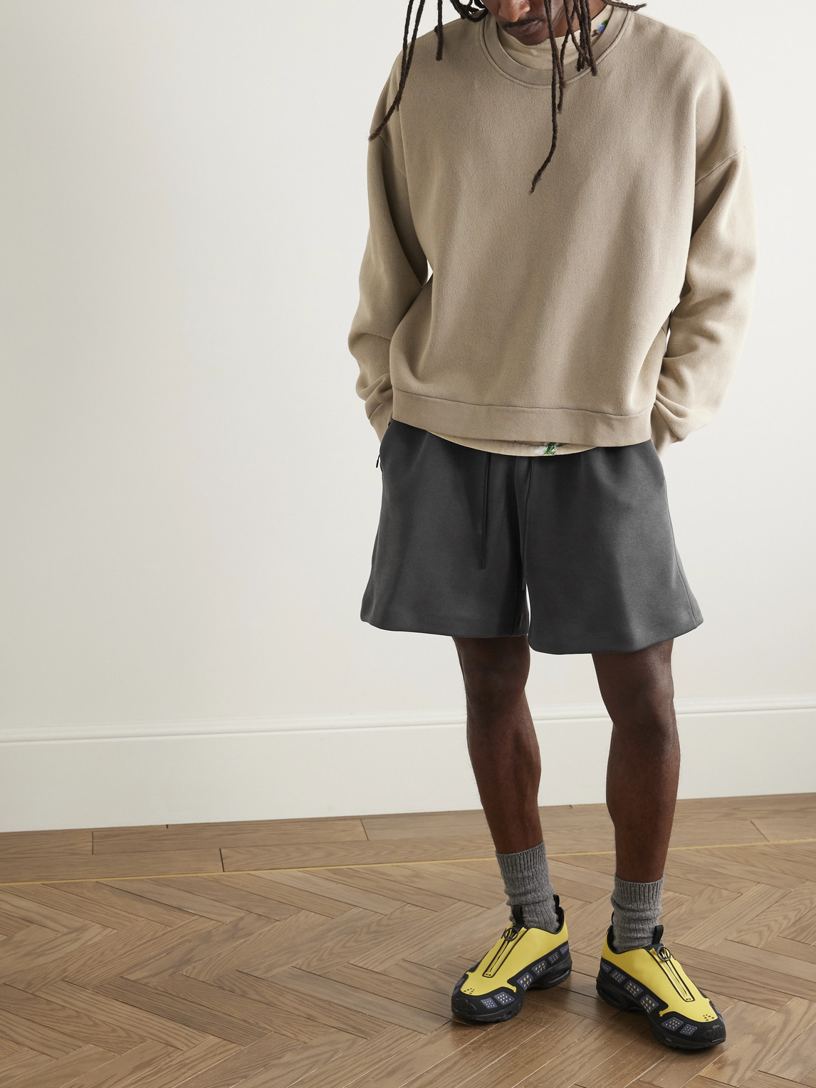 Nike Wide-leg Garment-dyed Tech-fleece Drawstring Shorts In Multi