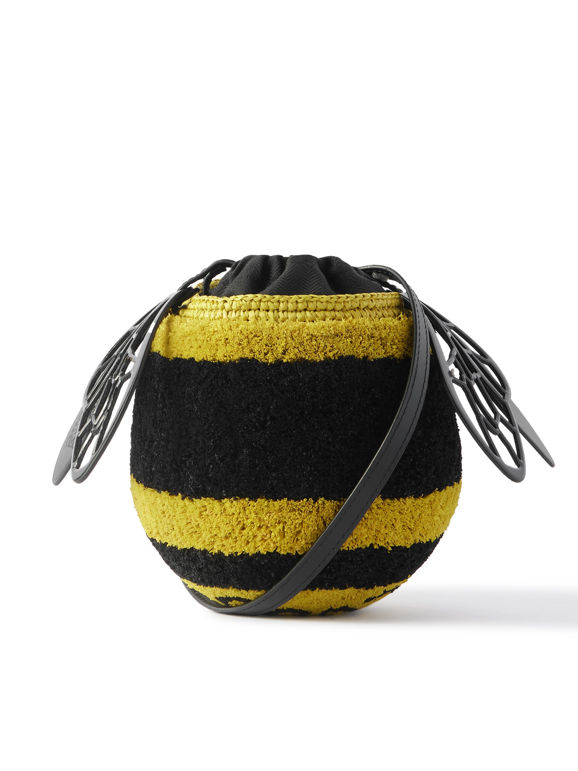 Loewe Paula's Ibiza Leather-trimmed Striped Raffia Bucket Bag In Black