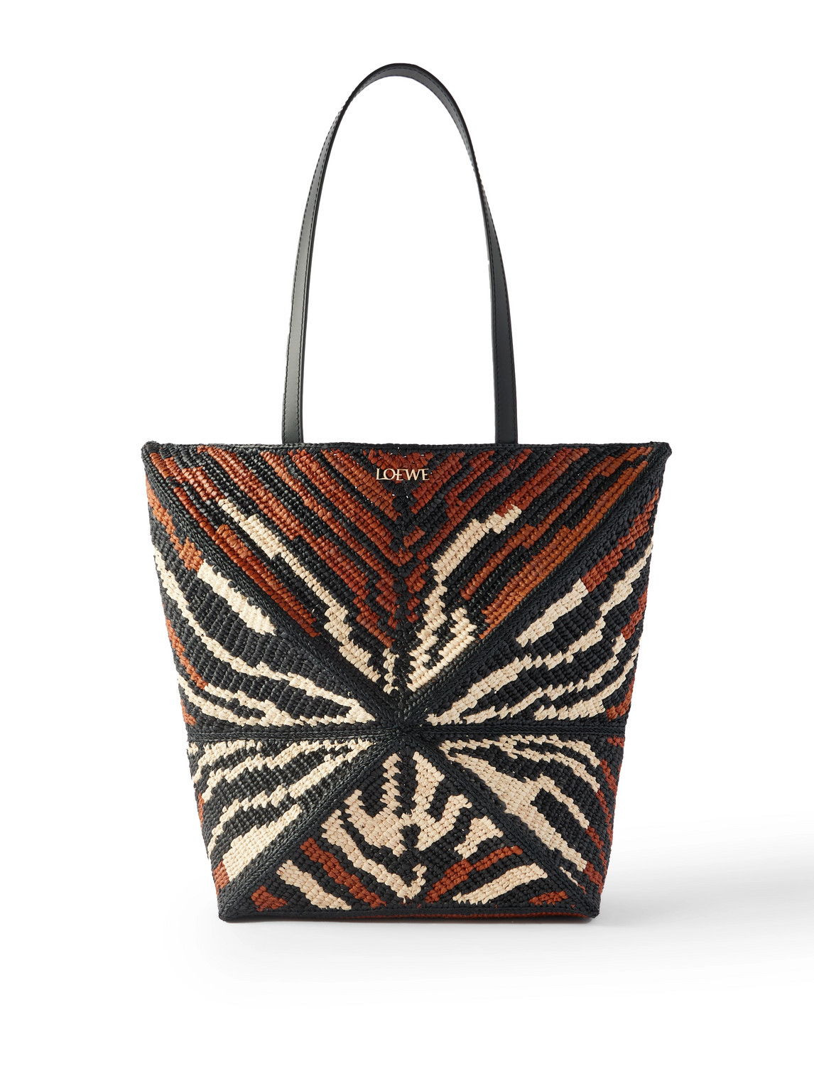 Loewe Paula's Ibiza Puzzle Fold Tiger-print Leather-trimmed Raffia Tote Bag In Black