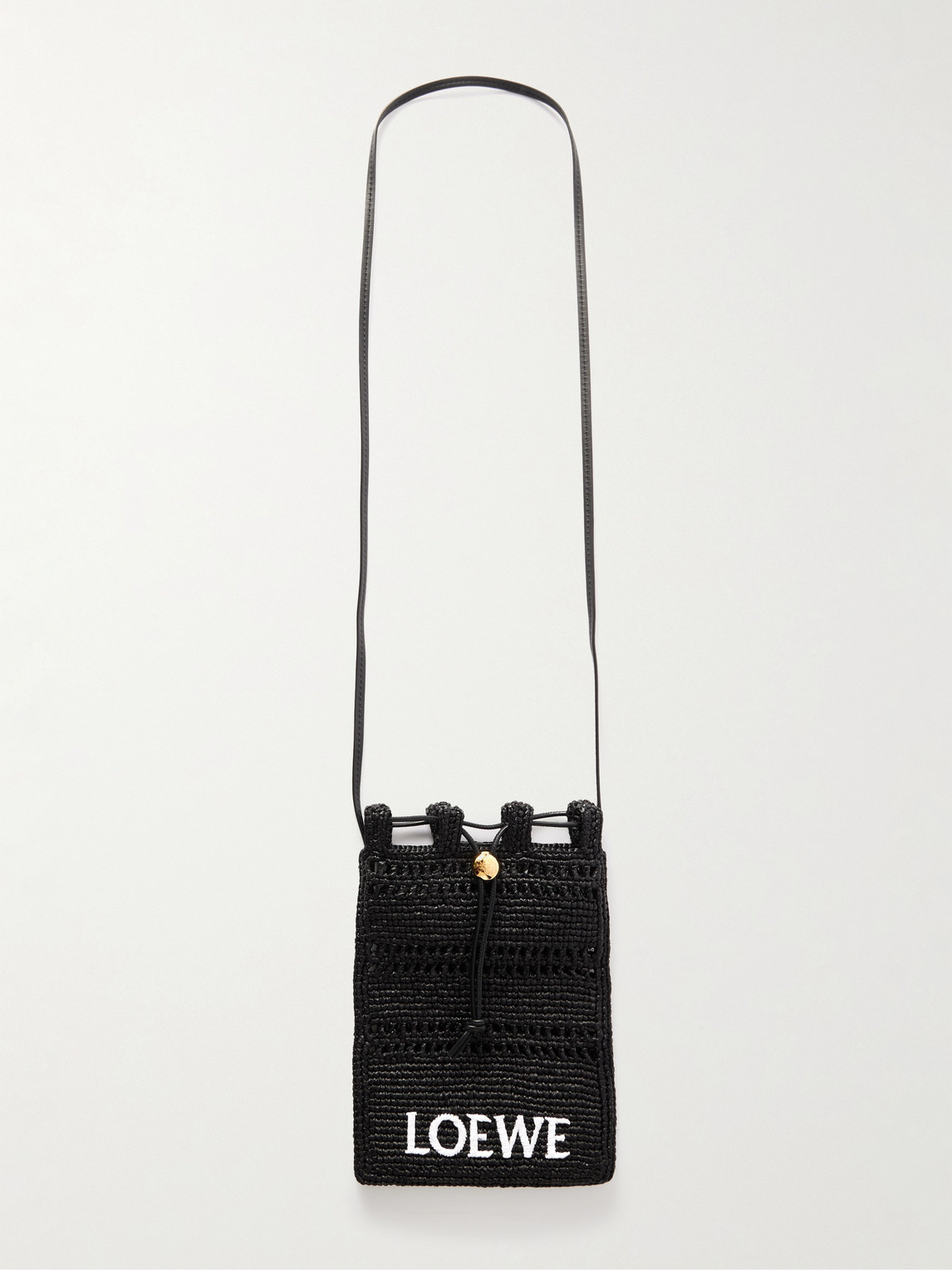 Loewe Paula's Ibiza Leather-trimmed Embroidered Raffia Messenger Bag In Black