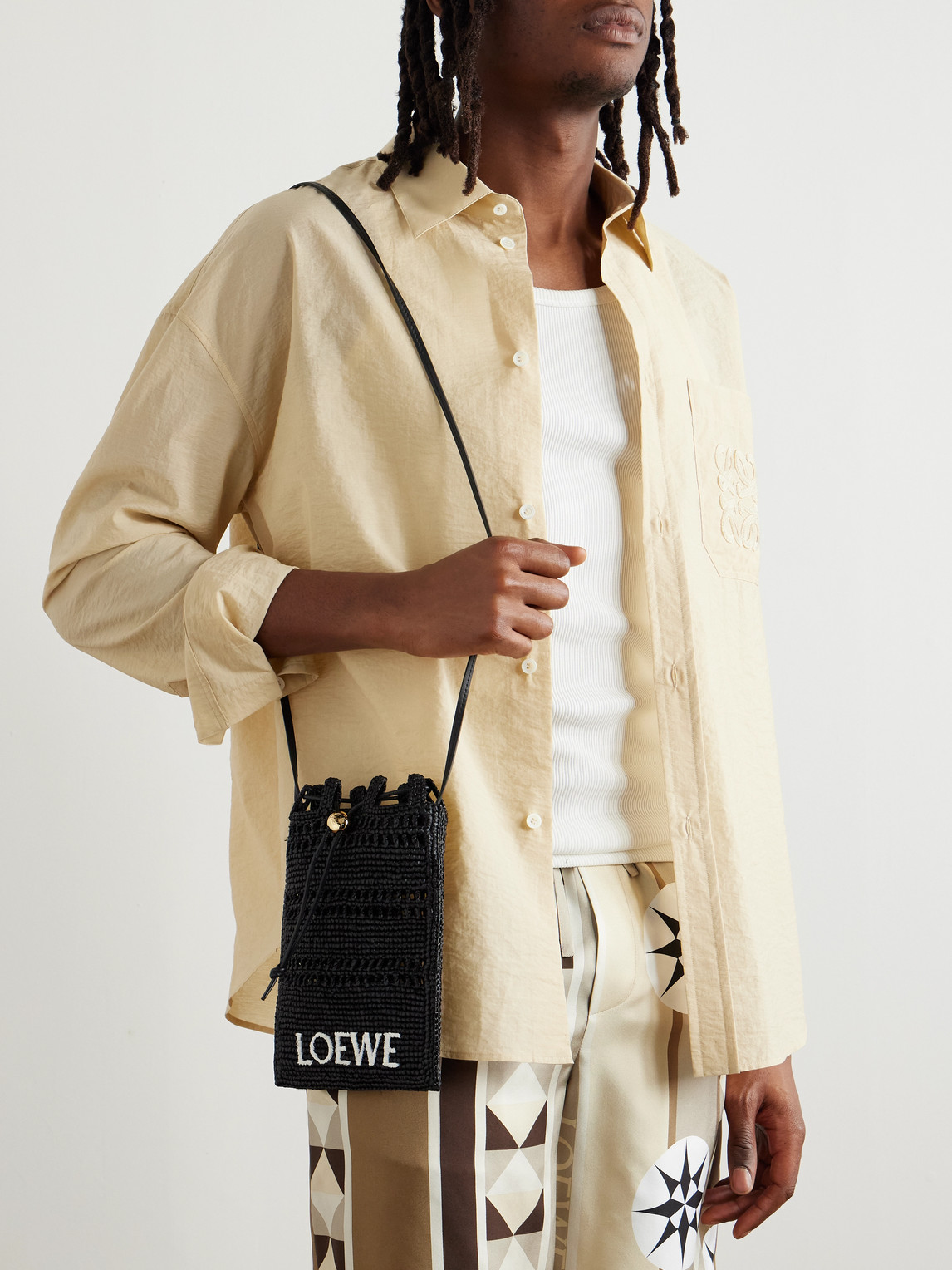 Loewe Paula's Ibiza Leather-trimmed Embroidered Raffia Messenger Bag In Black