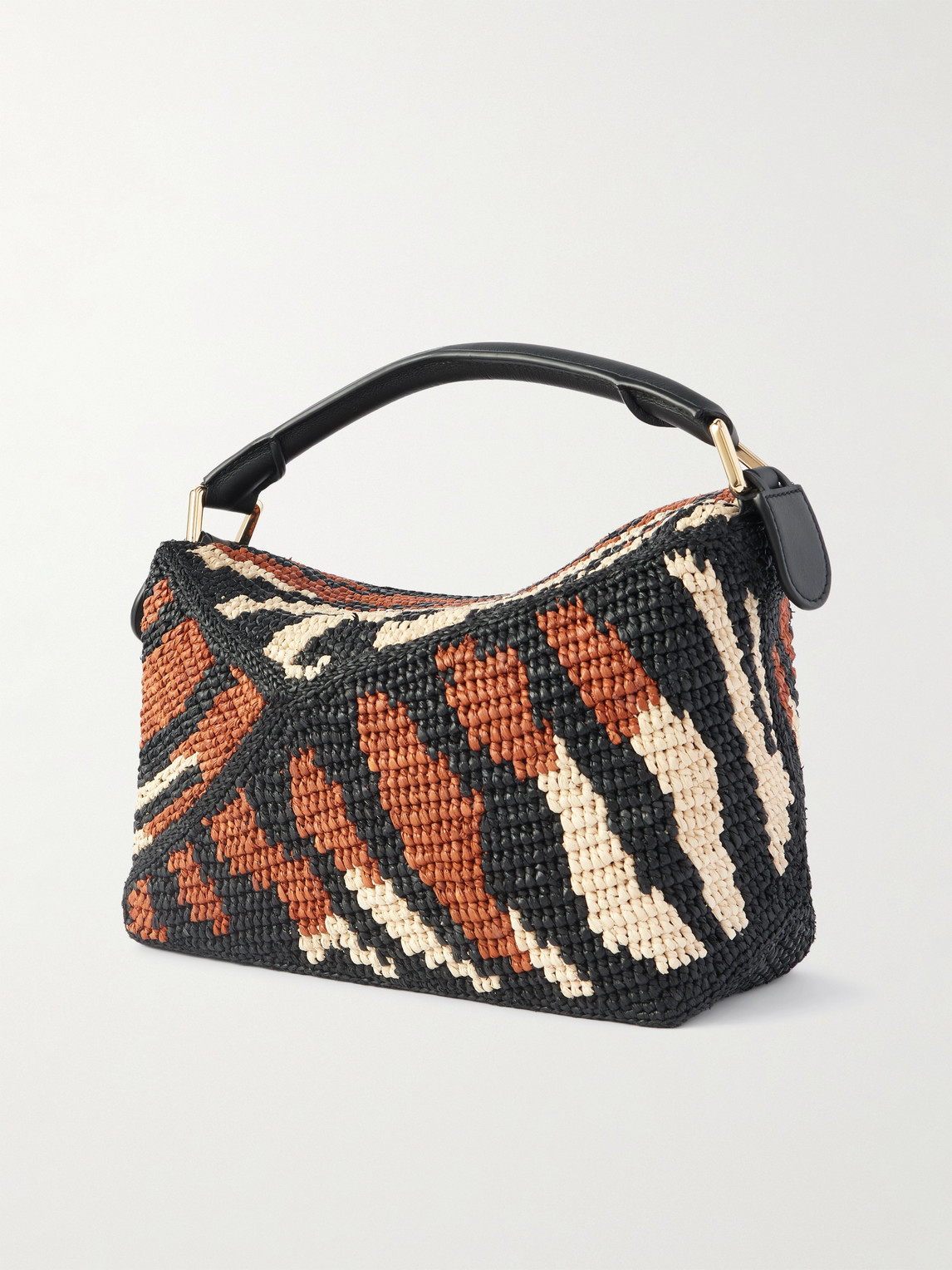Loewe Paula's Ibiza Puzzle Leather-trimmed Tiger-print Raffia Messenger Bag In Black