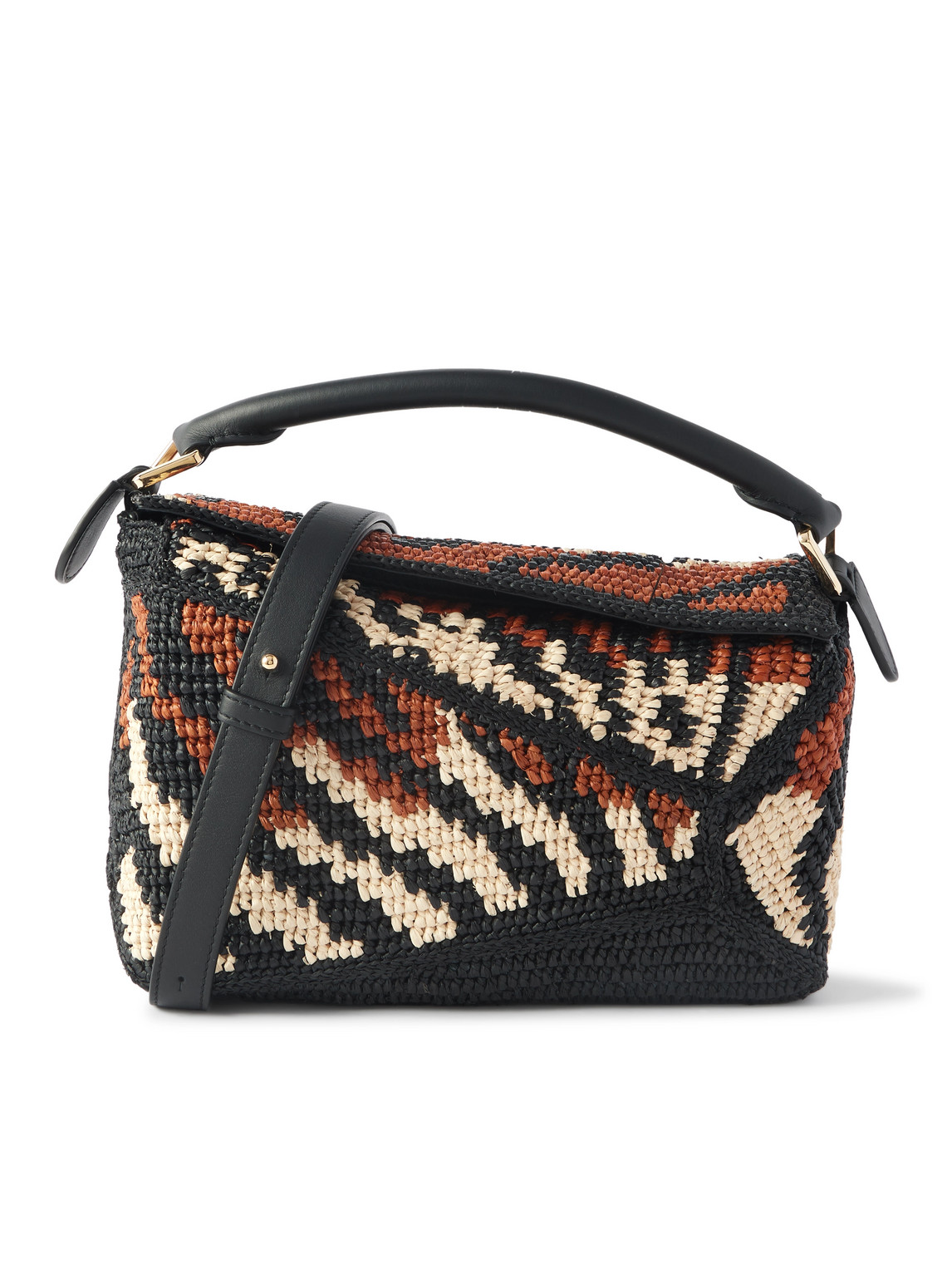 Loewe Paula's Ibiza Puzzle Leather-trimmed Tiger-print Raffia Messenger Bag In Black