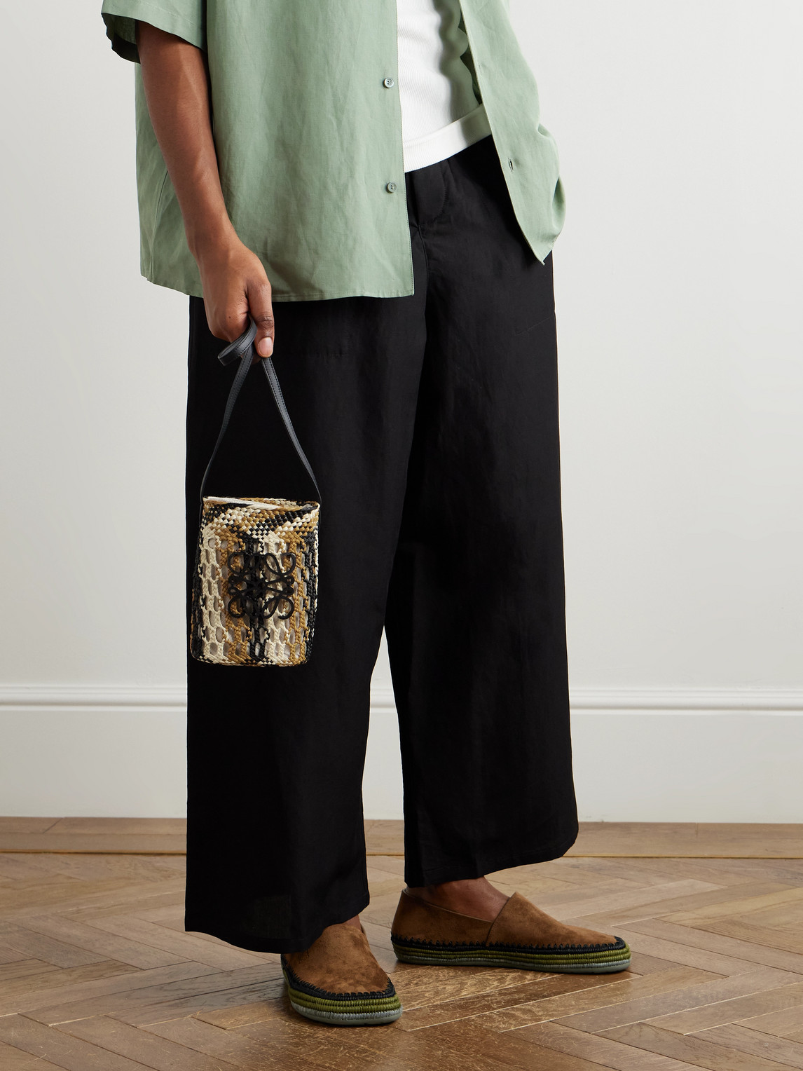 Loewe Paula's Ibiza Leather-trimmed Striped Raffia Bucket Bag In Neutrals