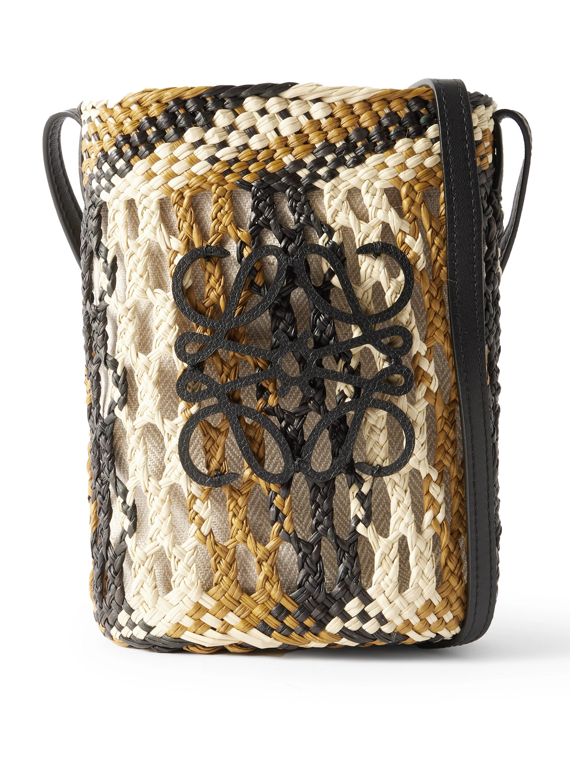 Loewe Paula's Ibiza Leather-trimmed Striped Raffia Bucket Bag In Neutrals