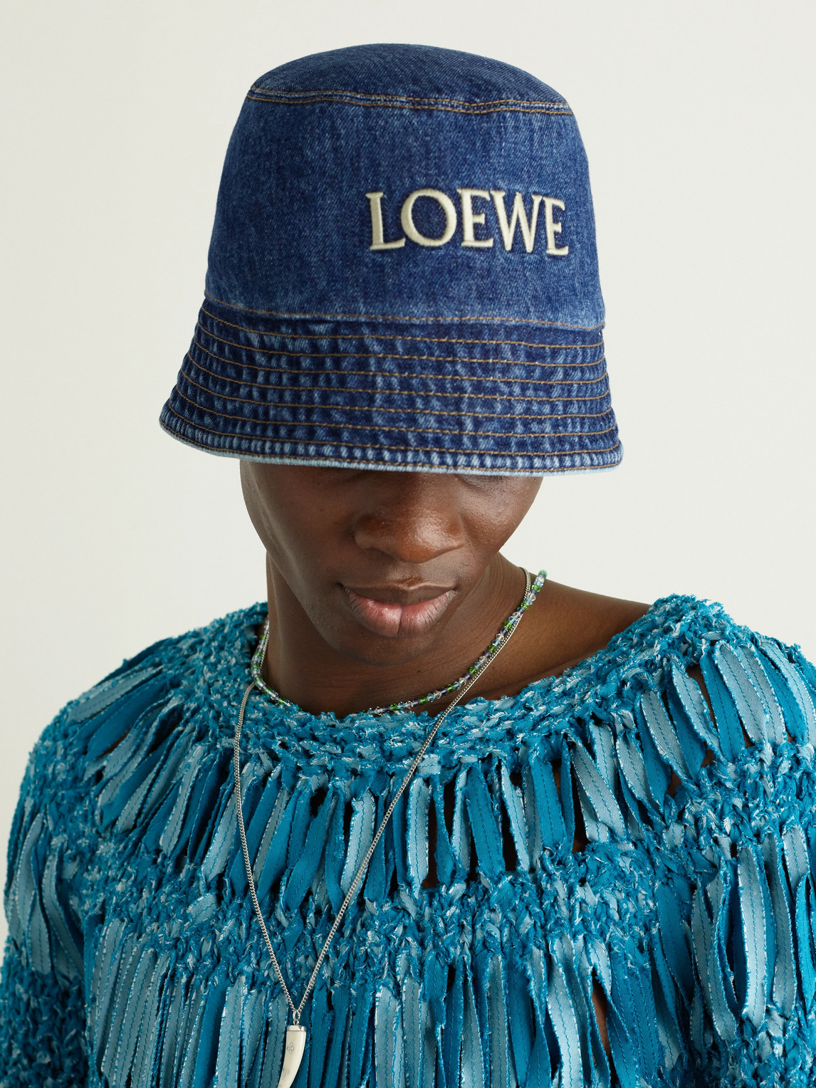 LOEWE PAULA'S IBIZA LOGO-EMBROIDERED DENIM BUCKET HAT