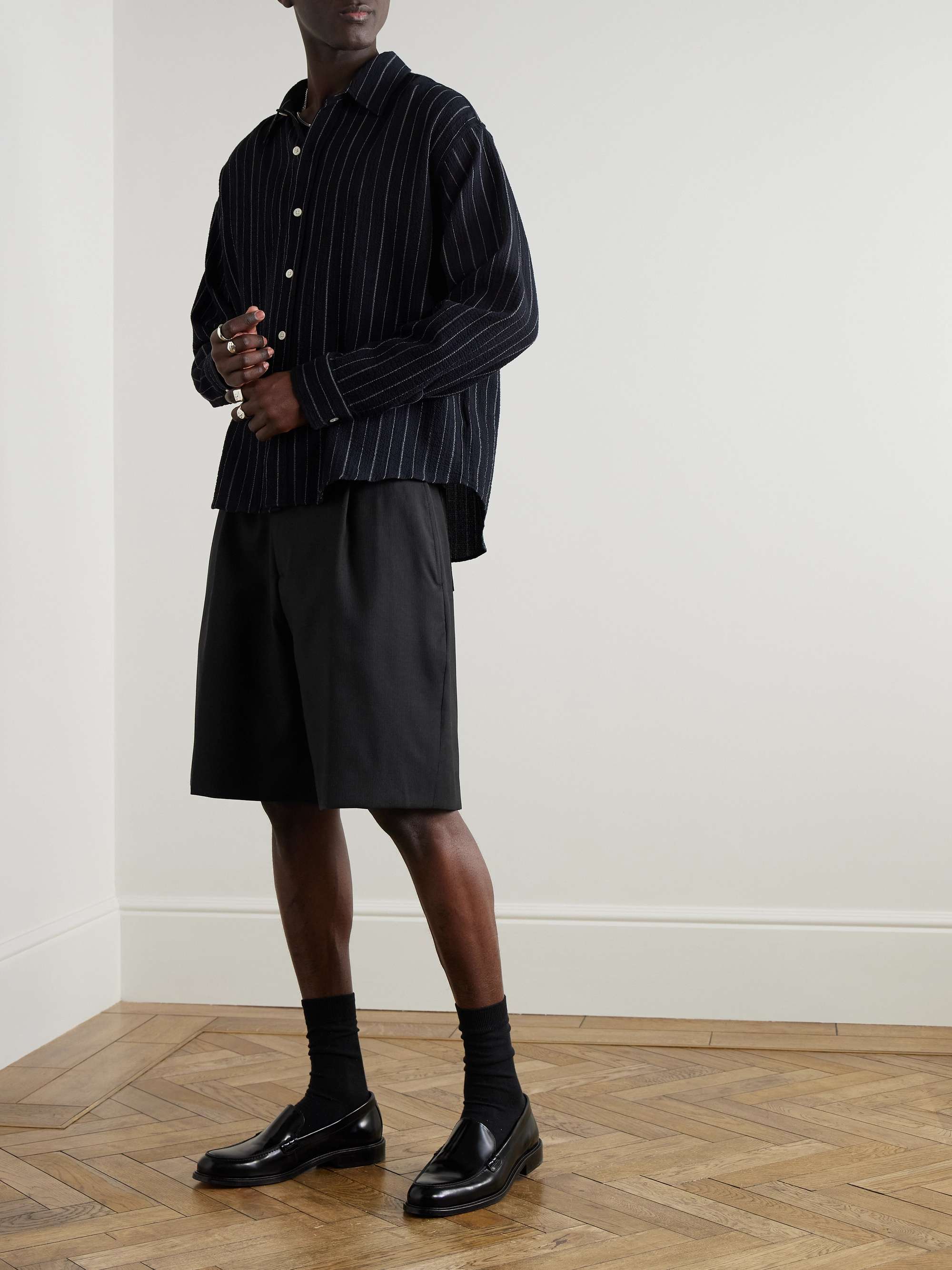 MFPEN Classic Straight-Leg Pleated Striped Wool Shorts for