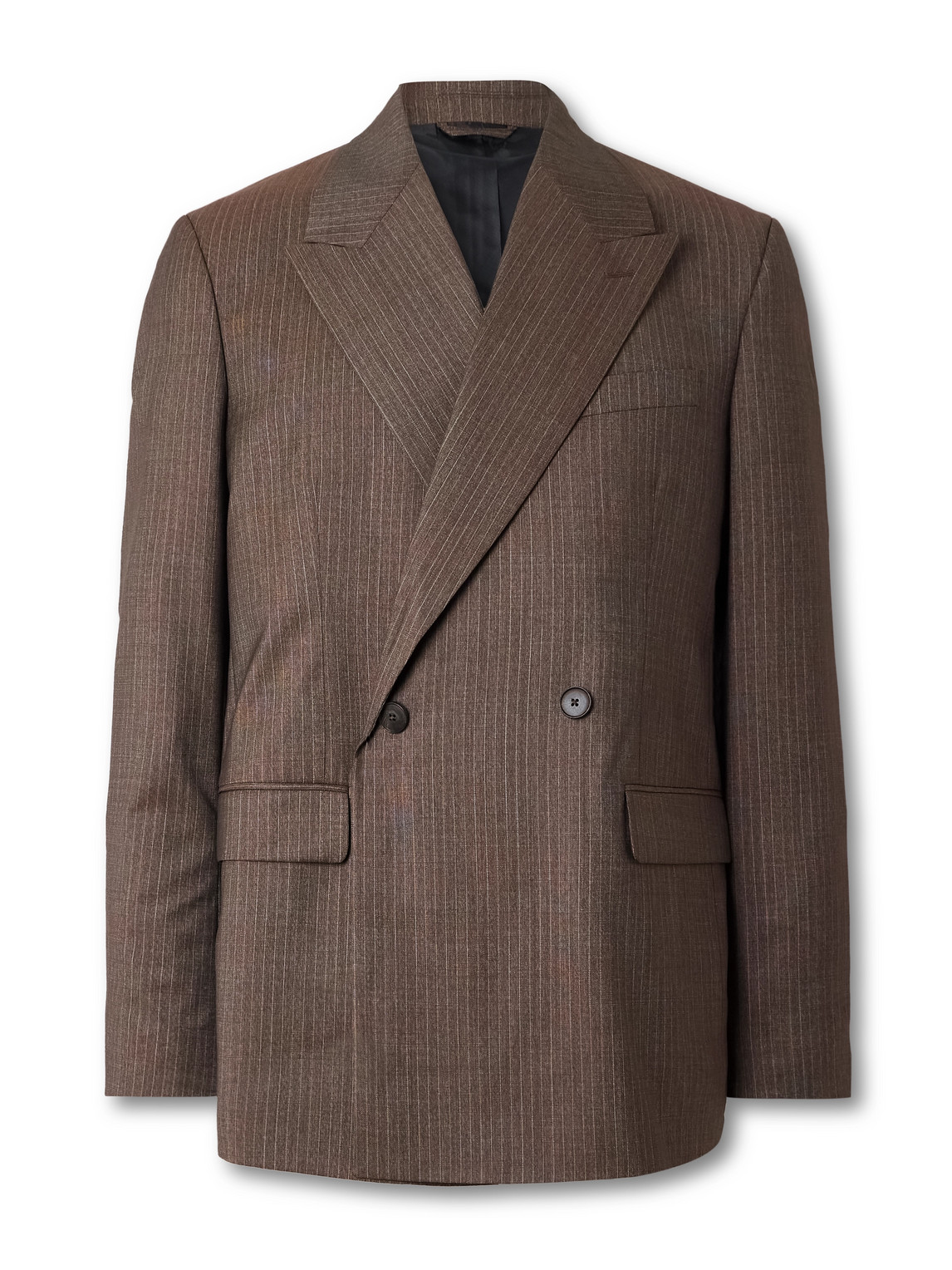 Mfpen Double-breasted Pinstriped Wool Blazer In Brown