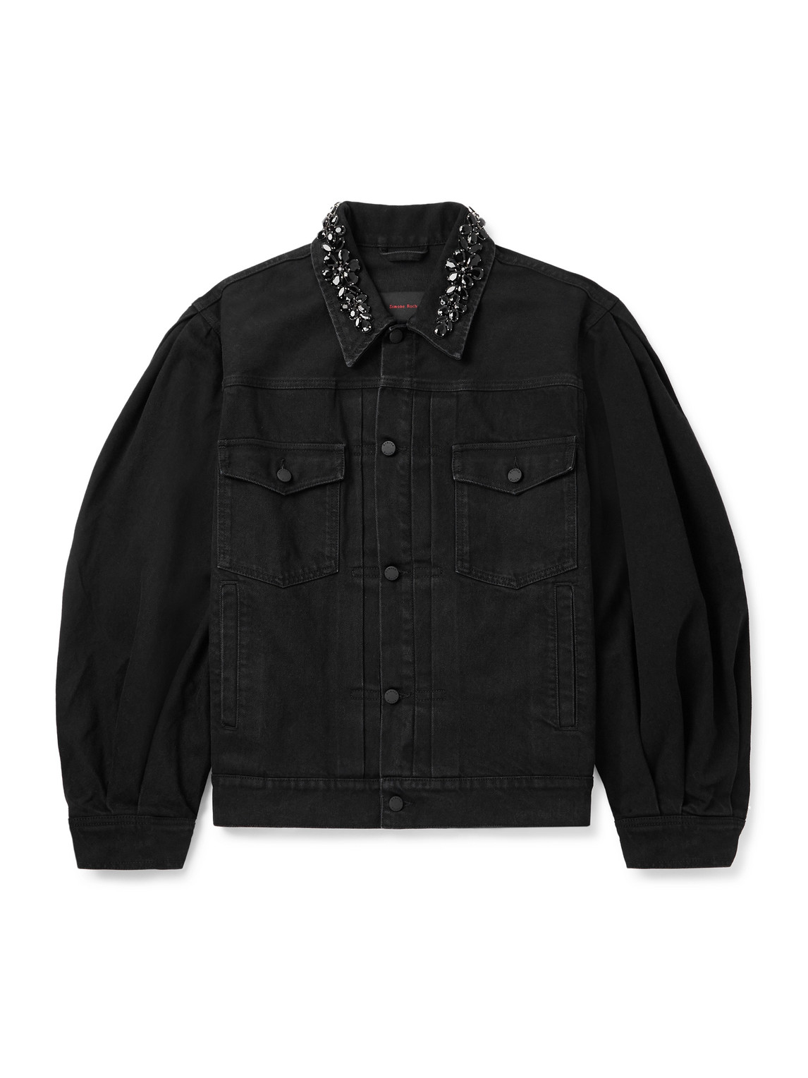 Simone Rocha Crystal-embellished Pleated Denim Jacket In Black
