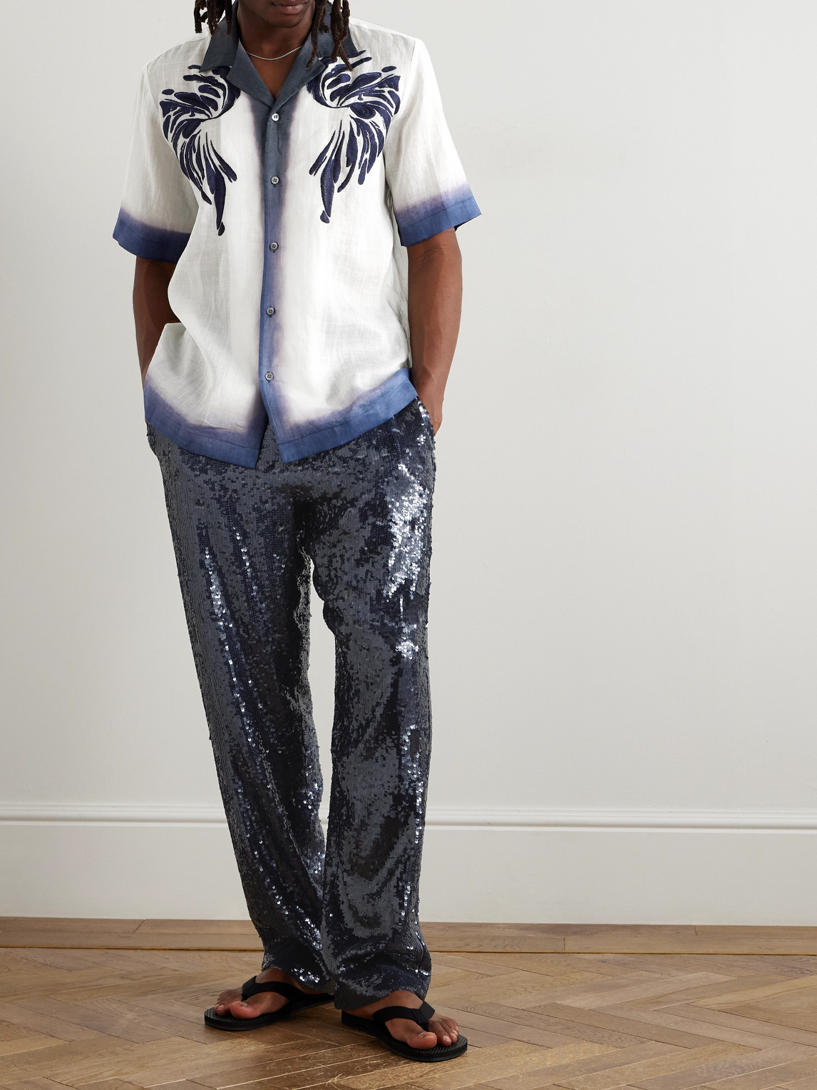 Camp-Collar Embroidered Dégradé Ramie Shirt — 2