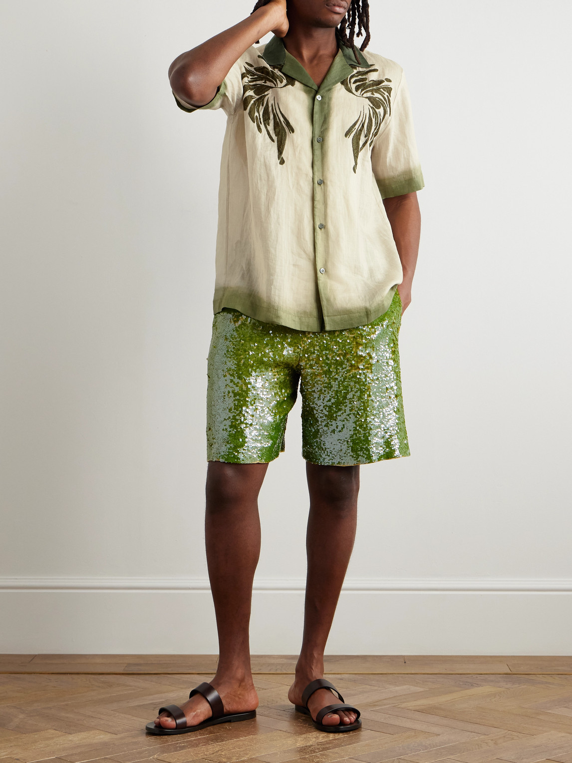 Camp-Collar Embroidered Dégradé Ramie Shirt — 2