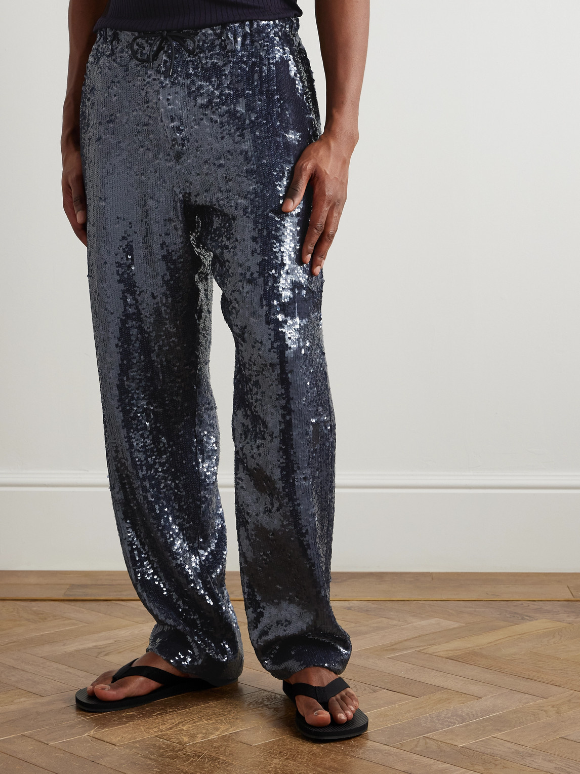  Dries Van Noten - Wide-leg Sequinned Crepe Drawstring Trousers - Men - Blue - It 48 