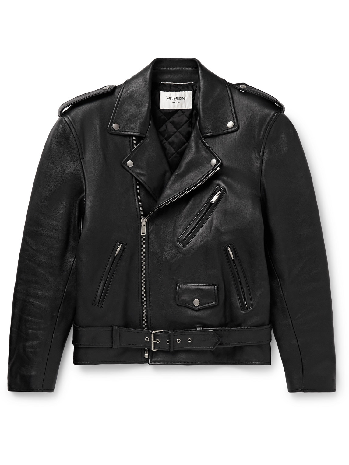 Saint Laurent Belted Leather Biker Jacket In Black