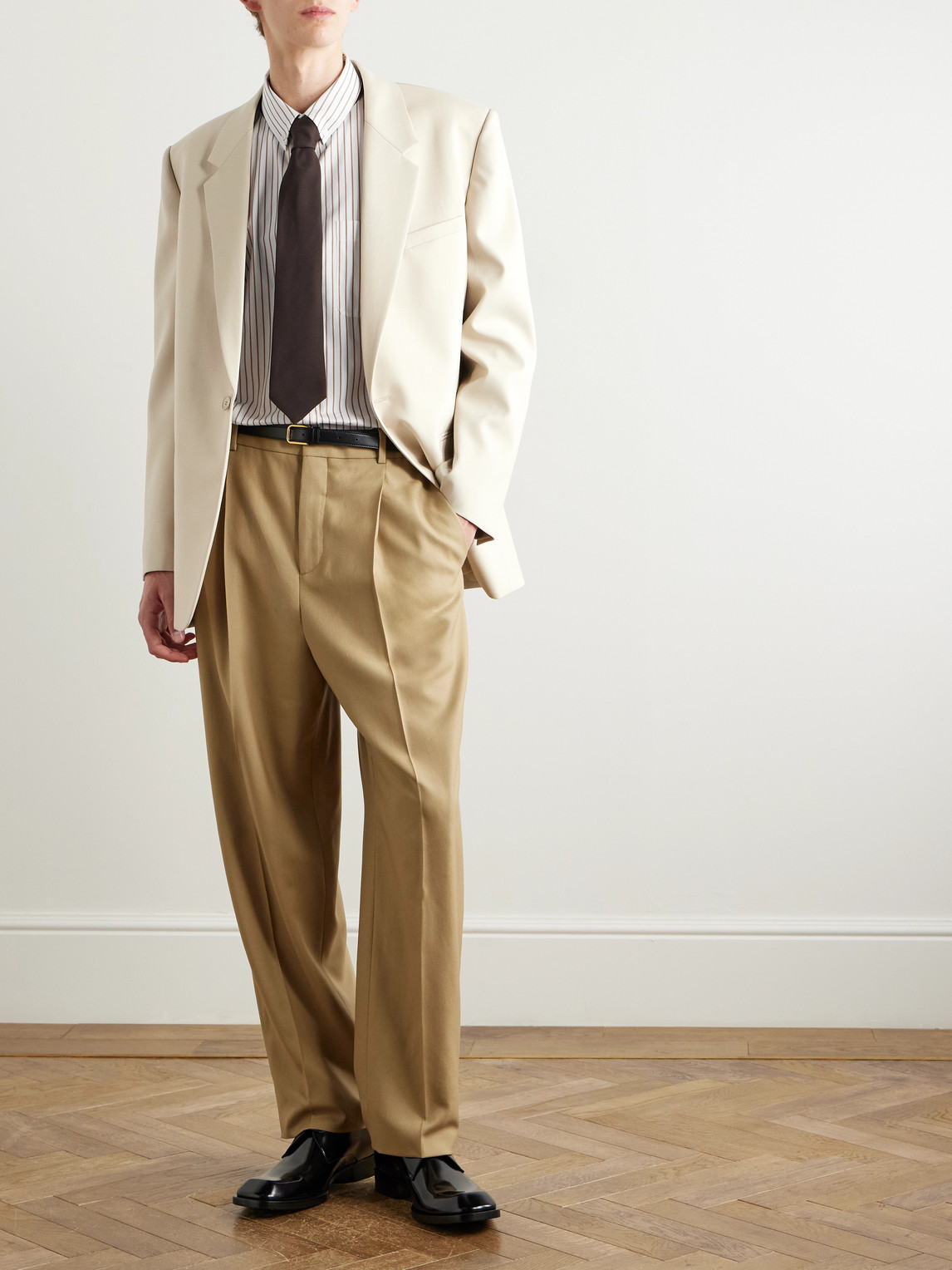 Saint Laurent Cassandre Shirt In Striped Cotton Poplin In Neutral