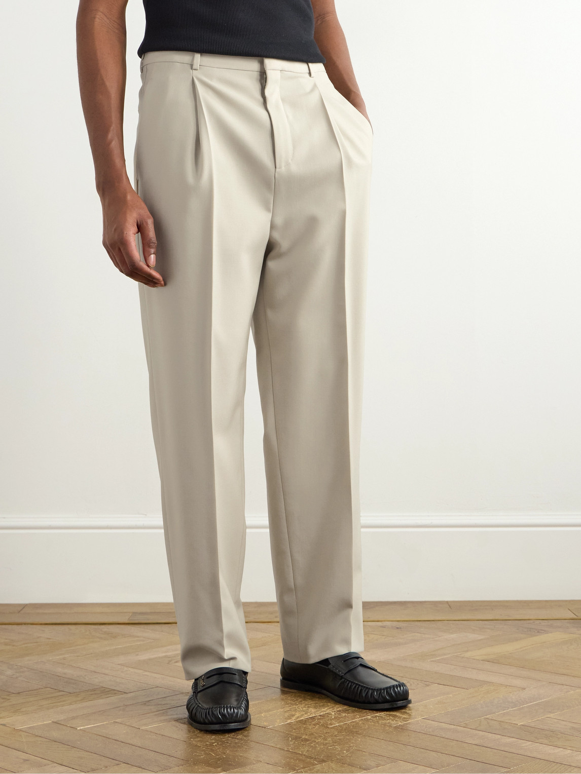Saint Laurent Tapered Pleated Grain De Poudre Wool Trousers In Neutrals