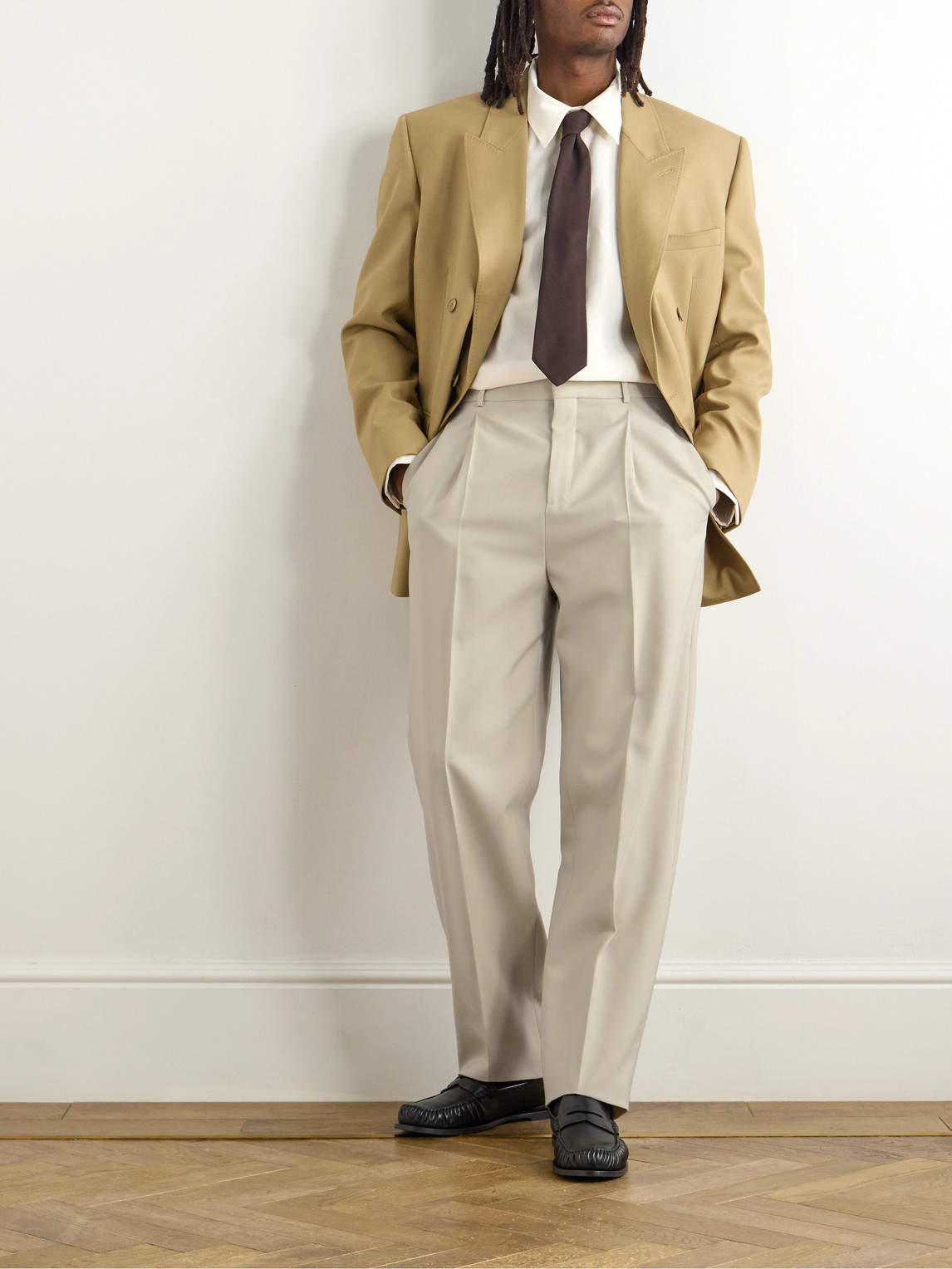 Saint Laurent Tapered Pleated Grain De Poudre Wool Trousers In Neutrals