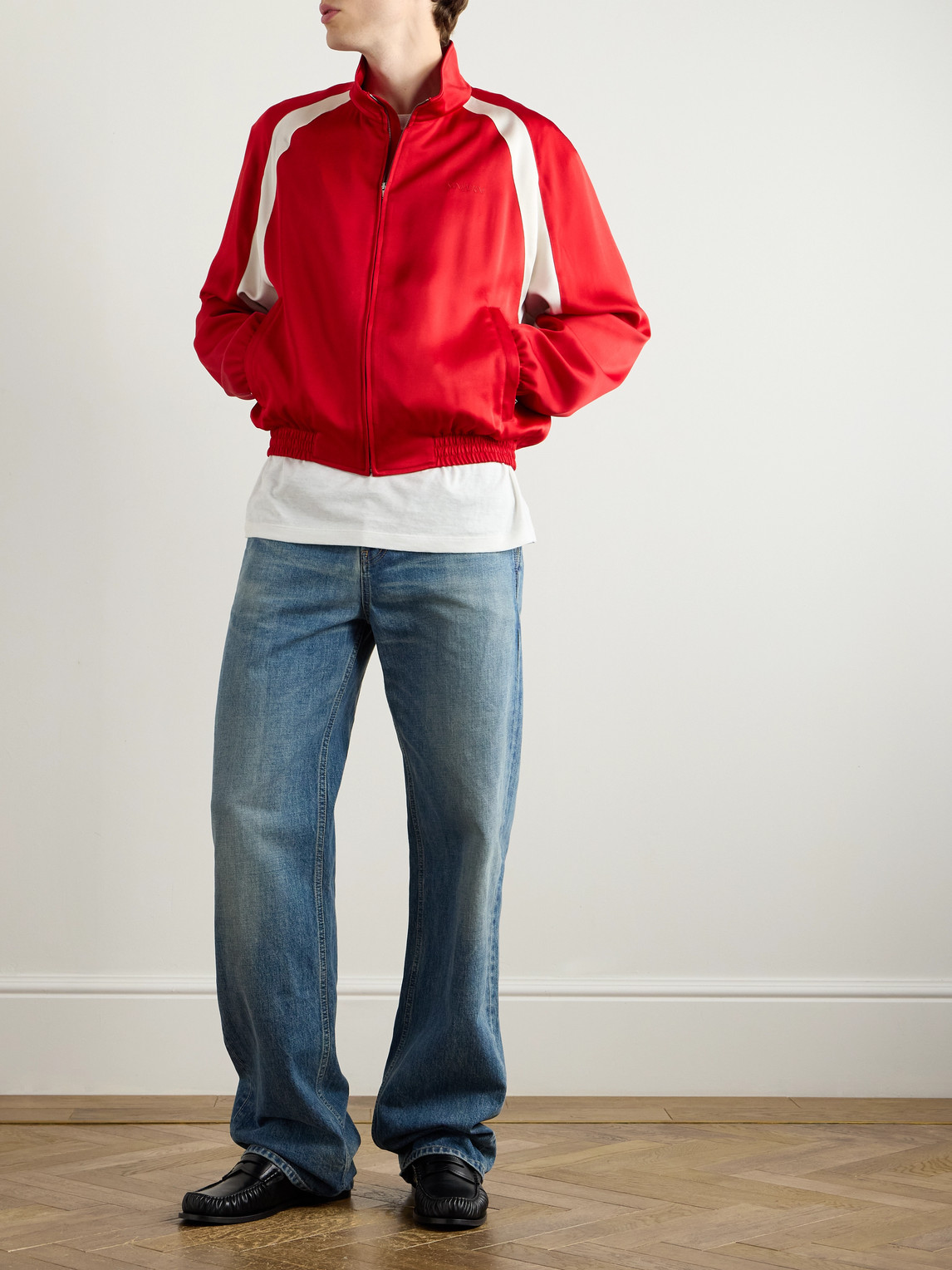 Saint Laurent Teddy Jacket With Contrast Panels And High Collar In Red